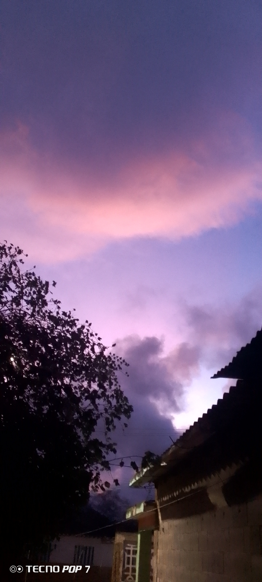 The media file captures a twilight scene over Altagracia, Venezuela, characterized by a dramatic sky and silhouetted foreground elements. The sky dominates the upper two-thirds of the image, showcasing a vibrant gradient from deep purple at the top to soft pink and magenta hues in the middle, transitioning back to purplish tones lower down. Large, diffused clouds are illuminated by the setting or rising sun, appearing bright pink and orange in the center, while other clouds are darker and more amorphous, blending into the deeper purple.
In the left foreground, the dense, dark silhouette of a tree with numerous leaves and branches partially obscures the sky. On the right and lower sections, the silhouette of a building, likely a house, is visible. It features a distinctive, dark corrugated roof line and hints of a structure built from concrete blocks. Further back and to the left of the building, what appears to be part of another wall or structure with a window-like opening can be discerned in the low light. The overall lighting suggests either dusk or dawn. No specific activities or people are visible.
A visible watermark in the bottom left corner reads "TECNO POP 7", indicating the device used to capture the image.
