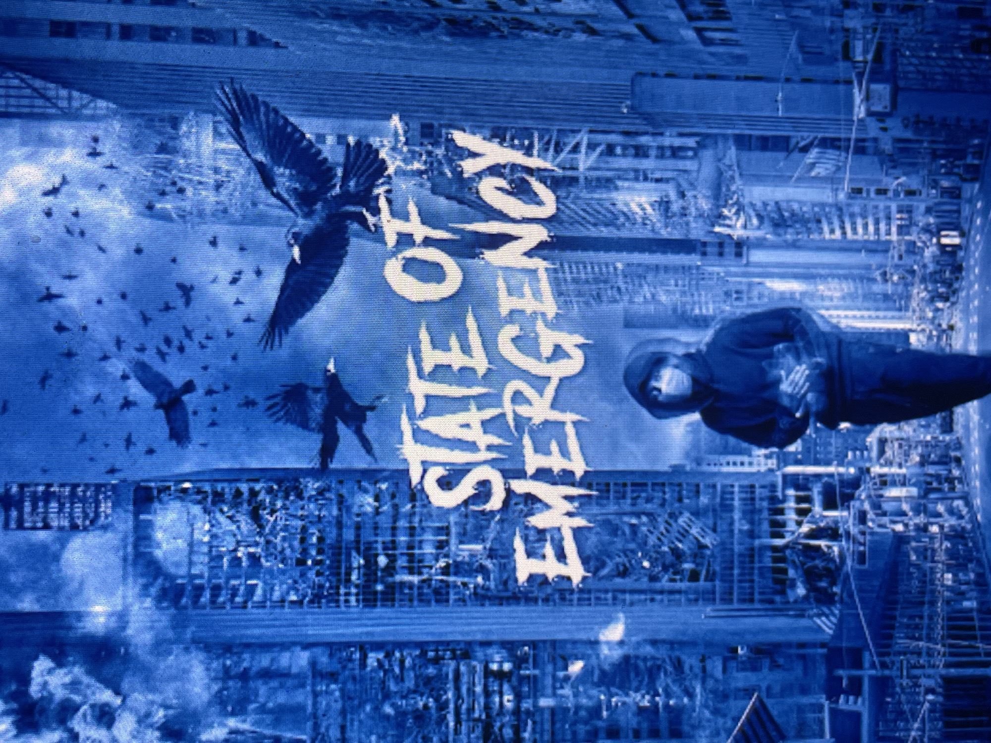 The image, rotated 90 degrees clockwise, presents a highly stylized and monochromatic blue-toned urban scene. The dominant colors are deep blues, whites, and blacks, creating a somber, intense atmosphere.
**Subjects:** On the right side, a lone figure dressed in a dark, hooded garment is suspended vertically against the cityscape. The person appears to be falling or floating, with their head slightly tilted downwards, adding to a sense of disorientation or introspection. In the upper left and central portions, numerous birds, predominantly crows or ravens, are seen in flight. One large bird, possibly an eagle or similar raptor, dominates the upper left, soaring with its wings outstretched. The background is a dense, abstract cityscape, composed of numerous buildings and structures, some appearing as intricate scaffolding or grates, contributing to a sense of a sprawling, perhaps chaotic, urban environment.
**Activity or event taking place:** The scene depicts a dynamic interplay between the flying birds and the suspended human figure within a stylized city. The birds' flight, especially the large raptor, suggests movement and perhaps an impending event. The human figure's unusual vertical orientation implies a state of being caught, suspended, or in a transformative moment. The overall composition evokes a narrative of urgency or crisis.
**Notable details:** The time of day appears to be night or late twilight, emphasized by the deep blue hues and limited visibility, except for the bright white elements. There are no explicit weather cues, but a diffused, cloud-like texture fills parts of the sky. The location is an unidentifiable, generic urban environment, though the provided context is Sofia, Bulgaria. The prevalent blue color scheme, combined with the subjects and the visible text, conveys emotions of tension, drama, and perhaps a sense of warning or despair. The image has a graphic, distressed aesthetic.
**Visible text:** Prominently displayed in white, distressed, capital letters across the center-left is the text: "STATE OF EMERGENCY". This text reinforces the themes of crisis and urgency conveyed by the visual elements.