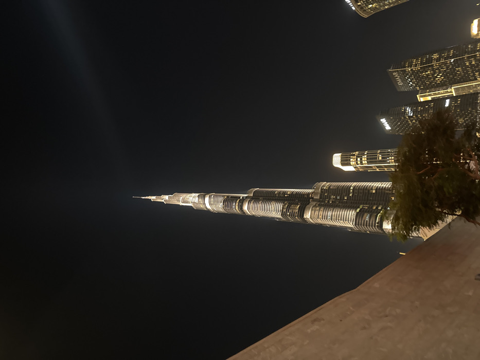 The image captures a nighttime view of the iconic Burj Khalifa skyscraper, appearing to be taken from a slightly upward angle. The original image is rotated 90 degrees counter-clockwise; when viewed correctly, the Burj Khalifa rises majestically on the left side of the frame, towering towards a dark night sky.
The skyscraper is brightly illuminated, with numerous lights highlighting its intricate stepped design and tapering spire, which culminates in a sharp point. The artificial lighting gives the building a golden-white glow, making it stand out against the deep black of the sky.
To the right of the Burj Khalifa, several other modern skyscrapers are visible in the mid-ground and background. These buildings are also lit, showing numerous glowing windows and structural elements. On one of these background buildings, the text "EMAAR" can be distinctly seen, indicating a connection to the well-known real estate developer, which is also associated with the Burj Khalifa.
In the lower right foreground, a section of a textured, light-colored structure, possibly a wall or a low building, occupies the bottom edge of the frame. Partially obscuring some of the background buildings and extending into the middle right of the image is a tree with dense, dark foliage, its branches and leaves silhouetted against the illuminated cityscape.
The scene is set at night, indicated by the dark sky and the reliance on artificial lighting from the buildings. There is no specific activity depicted, but the image beautifully showcases the grandeur and architectural prominence of the Burj Khalifa and the surrounding urban environment in Dubai after dark.