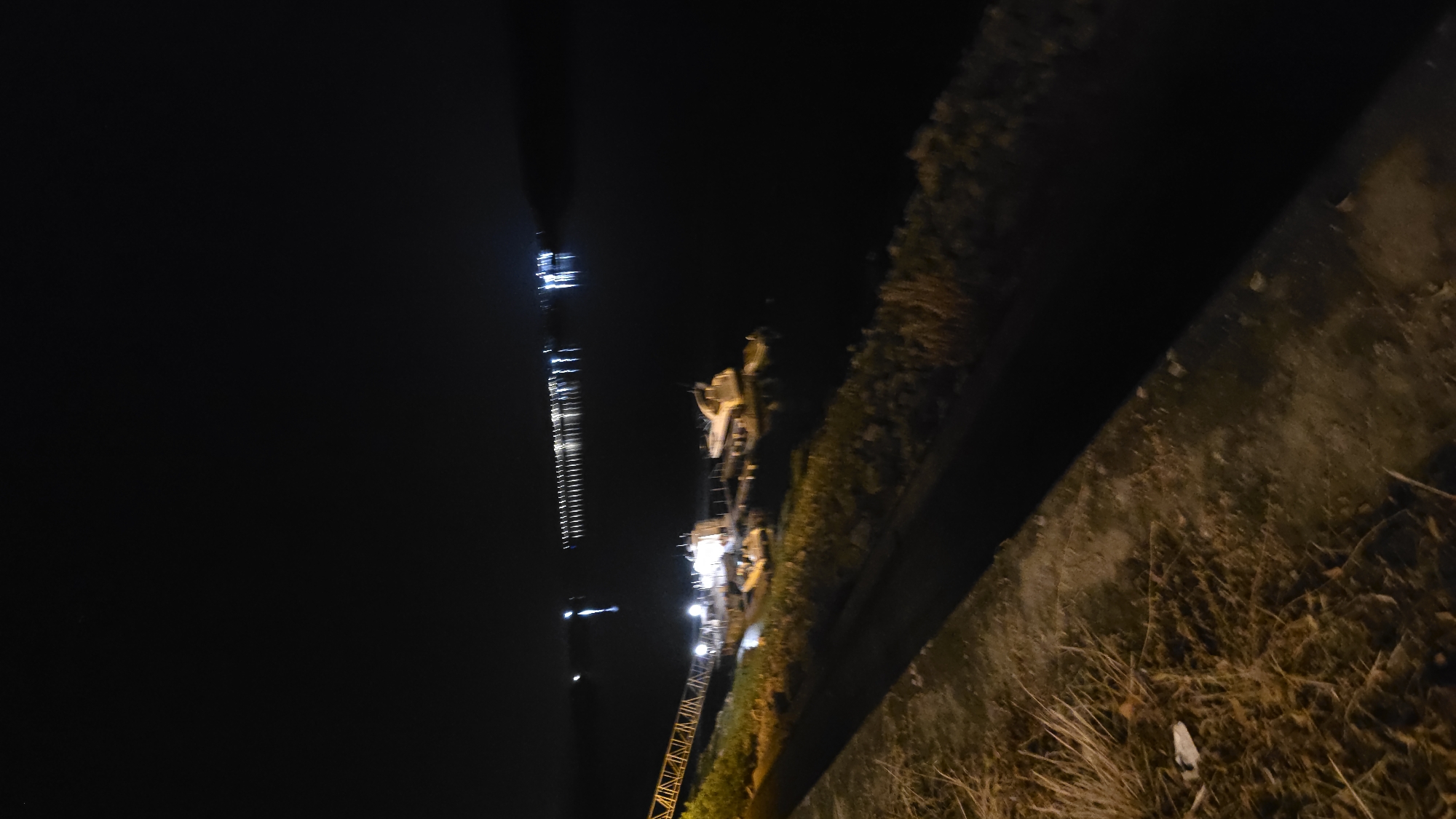 A nighttime scene shows a body of water, likely the Danube River, with a dock extending into the water. A walkway with railing is visible on the left side of the image, leading to the dock. Several boats are moored at the dock, illuminated by lights. In the distance, a long structure with lights is visible across the water, likely a bridge or a series of lights along the opposite bank. The shore in the foreground is covered with dry grass and vegetation, with a paved path running alongside it. The sky is dark, with some faint lights visible in the distance. The scene is likely in Vidin, Bulgaria, given the context.