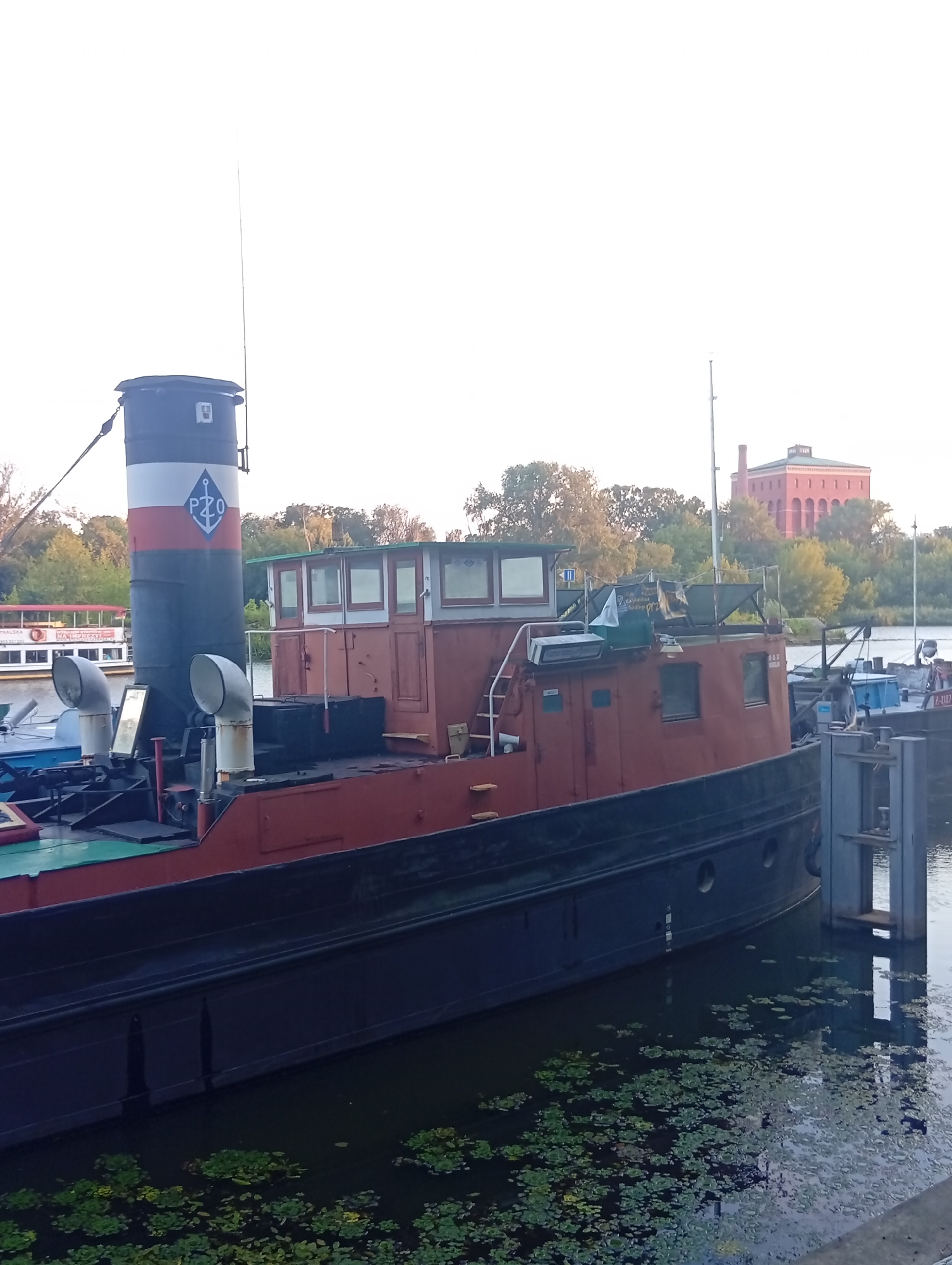 The image shows a tugboat docked in a body of water, likely a river or canal, with a large, red brick building in the background. The tugboat is painted red and black, with a tall, striped smokestack. There is aquatic vegetation floating on the surface of the water. In the background, a multi-story red brick building with a prominent chimney stands against a backdrop of green trees and a bright sky. The scene suggests a harbor or industrial area within the city of Wrocław, Poland.