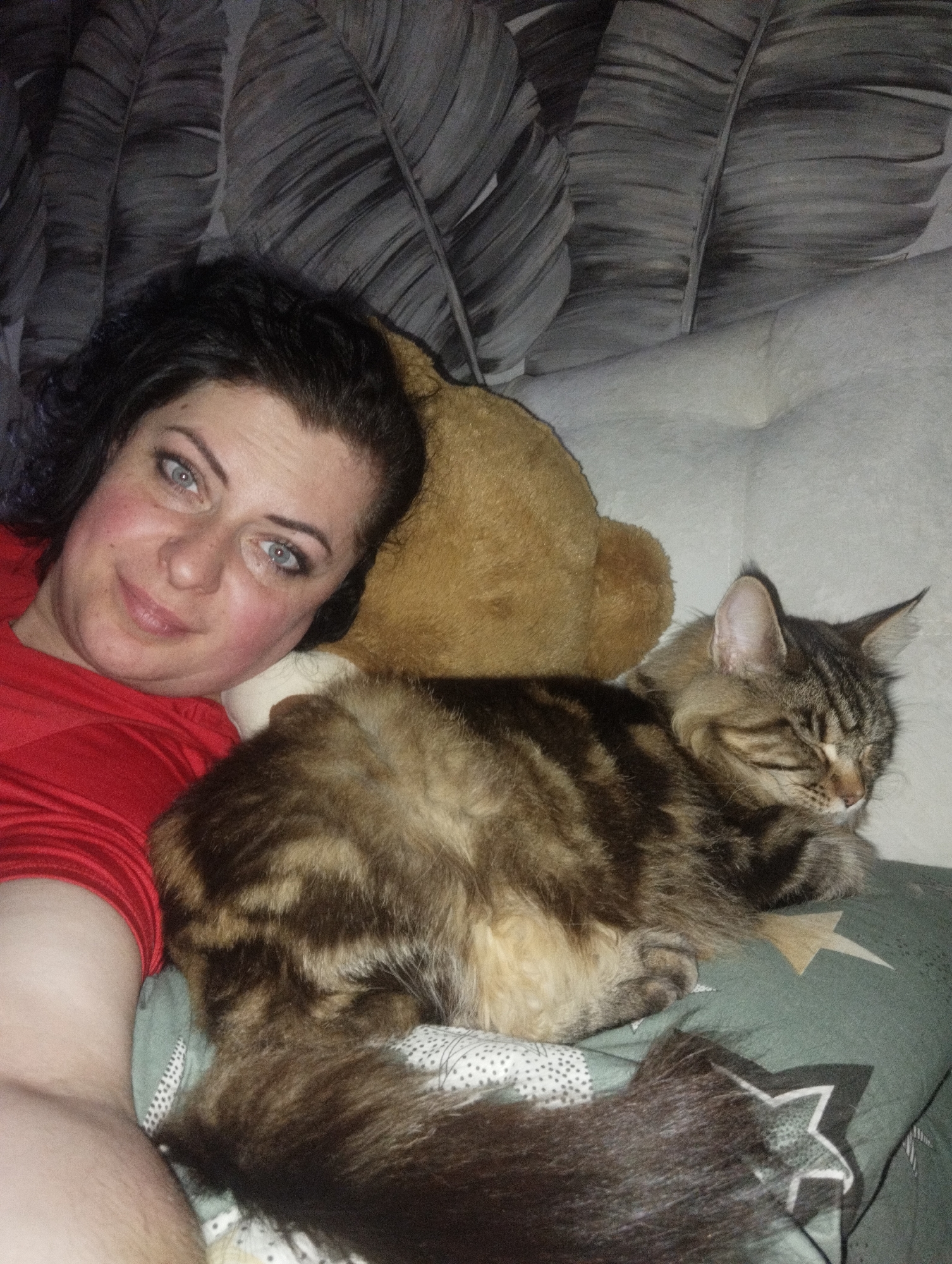 A woman with dark curly hair and blue eyes is lying on a bed next to a brown and black tabby cat. The cat is lying on a pillow with a star pattern. A teddy bear is behind the woman's head. The background consists of a headboard with a leaf pattern and a white pillow. The woman is wearing a red shirt. The photo appears to have been taken indoors. There is no information to indicate the photo was taken in Grishanki, Russia.
