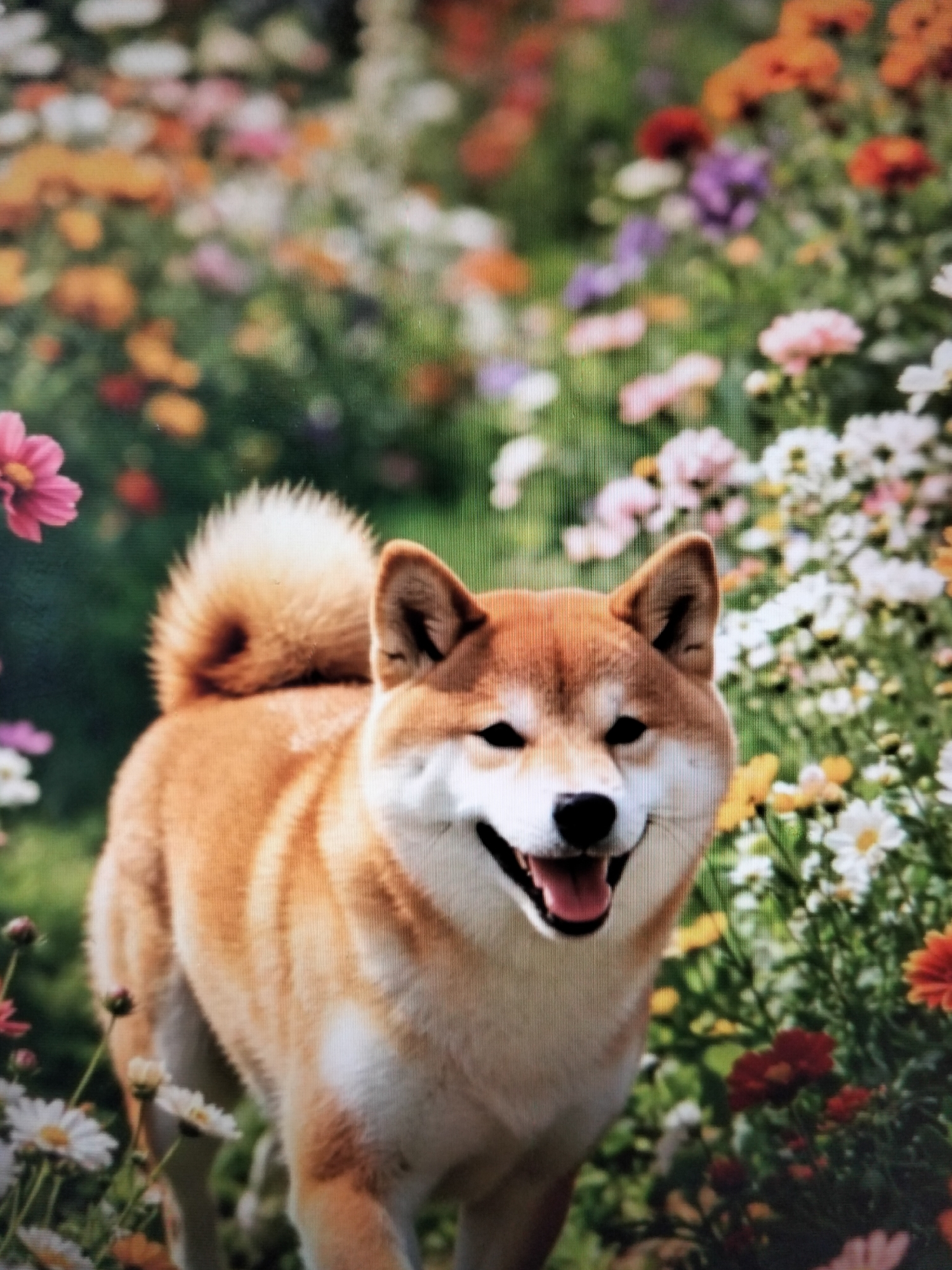 A Shiba Inu dog stands in a field of colorful flowers, its tail curled over its back. The dog is predominantly a reddish-brown color with white markings on its chest and face. It has pointed ears and is looking directly at the camera with its mouth open, appearing to smile. The background is a blur of various flowers in shades of pink, orange, purple, and white, with green foliage. The image is taken from a slightly low angle. There is no discernible location in the city of Payagaboh, Indonesia, or any people present in the image.