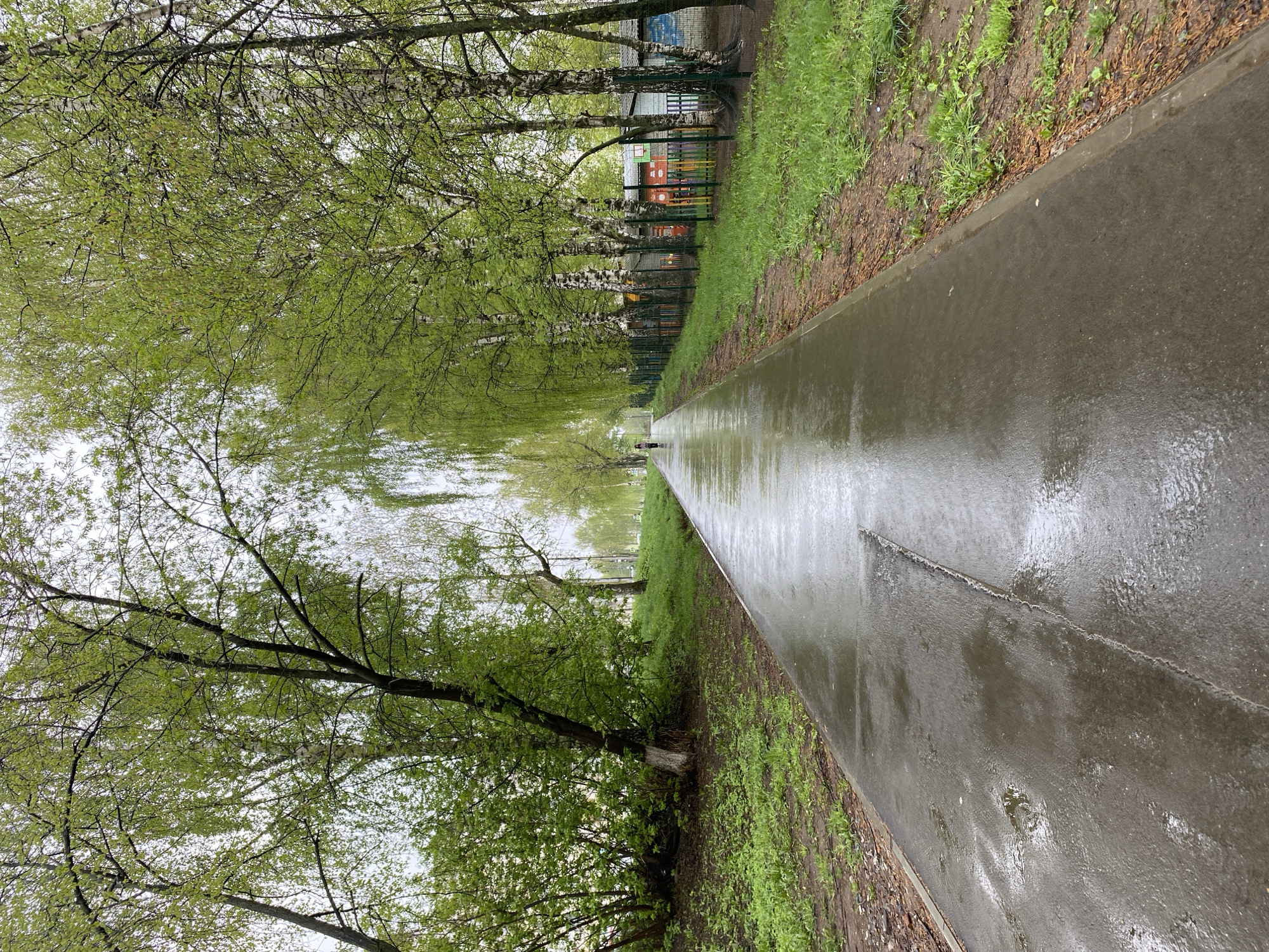 The image shows a wet pedestrian path in Votkinsk, Russia. The path is made of concrete and has a crack running along its length. It is bordered on one side by green grass and trees, and on the other side by a fence. In the distance, there is a person walking along the path. The weather appears to be rainy. Some buildings are slightly visible behind the fence. The trees have green leaves, indicating it is likely spring.