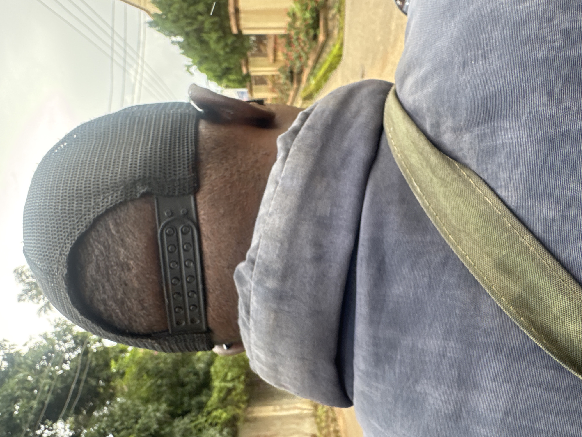 A medium shot captures the rear view of a person from the neck up, wearing a dark-colored baseball cap and a grey hooded sweatshirt. The person's head is turned to the right, with their ear visible. A green strap crosses diagonally over the sweatshirt from the left shoulder towards the right. The background shows a paved road, lined with manicured flower beds and ornate beige pillars. Lush green trees and foliage border the scene, and power lines are visible against a cloudy sky. The overall impression is of a serene outdoor environment, possibly in a residential or well-maintained public area within Gura Top, Nigeria.