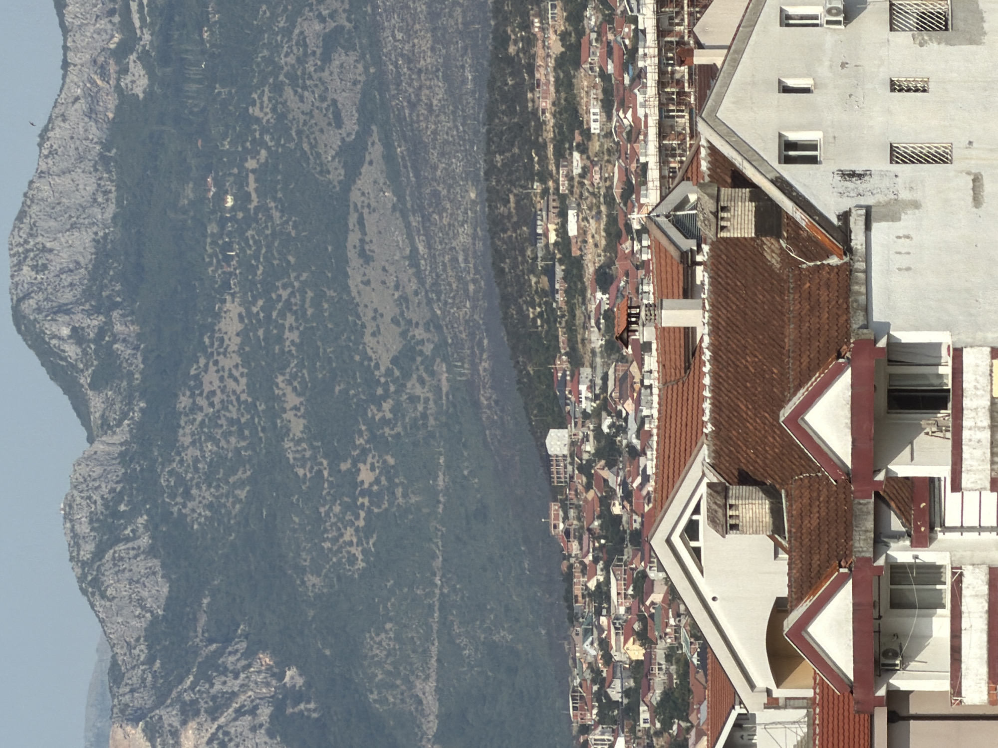 This is an eye-level, medium shot photograph taken from a rooftop vantage point, looking across a dense residential area towards a distant, rocky mountain range under a clear sky. The foreground is dominated by the reddish-brown tiled roofs of several houses. One prominent house in the center has a white facade, a triangular gabled roof, and a brick chimney. To its left and right are other houses with similar tiled roofs and some red trim. An air conditioning unit is visible on the facade of one house.
In the mid-ground, a sprawling cityscape of houses with predominantly red and white exteriors unfolds. Many buildings have multiple stories and are packed closely together, suggesting a densely populated urban or suburban environment. Some construction cranes are visible in the distance amongst the buildings, indicating ongoing development. The roofs are a mix of red tiles and some flatter, lighter-colored surfaces.
The background features a dramatic mountain landscape. The lower slopes are covered in dark green vegetation, giving way to barren, gray rock formations at the higher elevations. The sky is a pale, clear blue. One of the larger mountain peaks in the distance appears to have a small, white structure or building near its summit. A single bird is visible in flight against the sky between the mid-ground buildings and the mountain.
The photograph appears to depict a view of Podgorica, Montenegro, looking towards the mountains of Trebjesa and Gorica, which are known to be near the city center and are characterized by their rocky terrain and vegetation. The residential area in the foreground and mid-ground is consistent with the urban development surrounding the city.