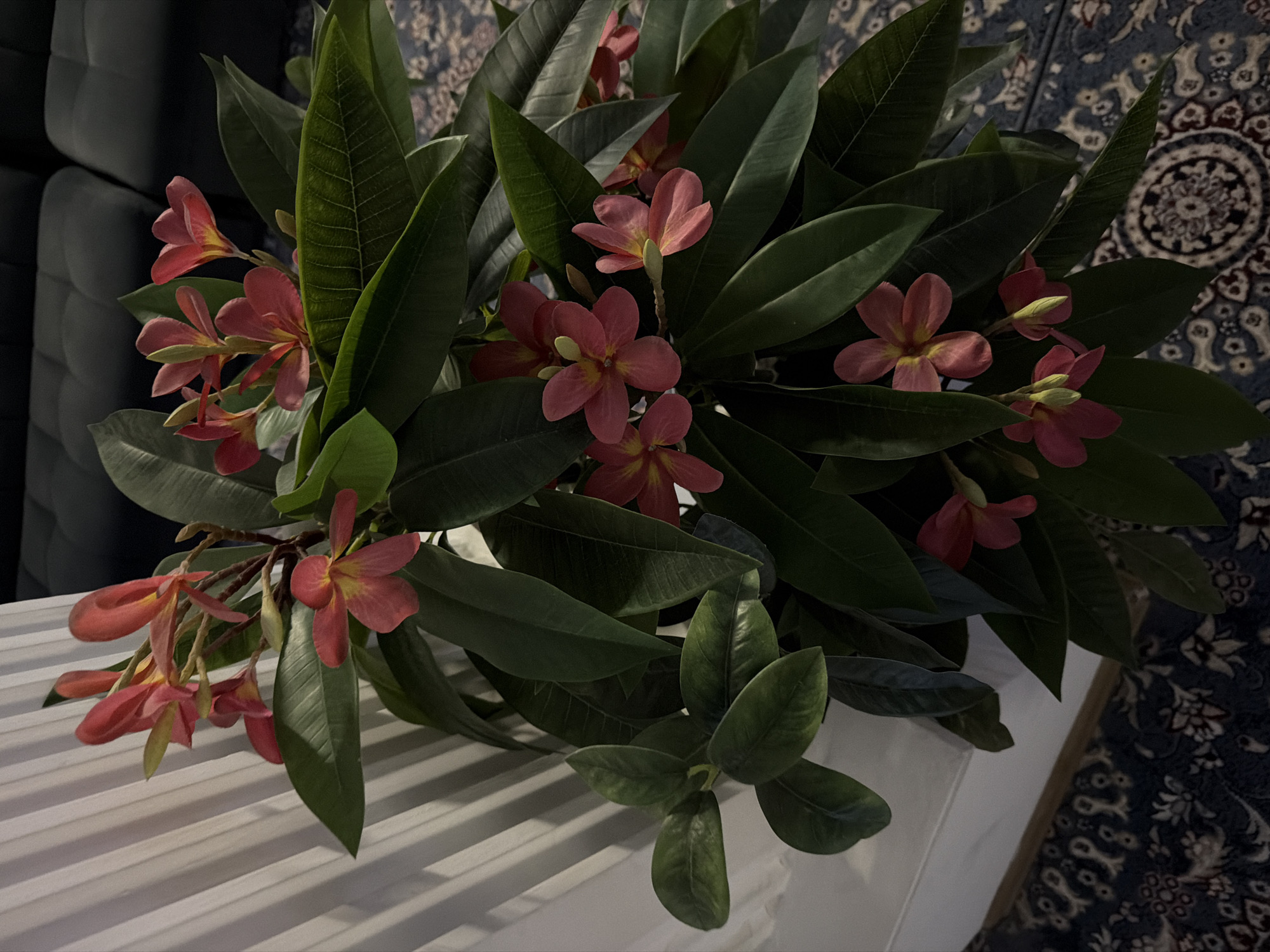 This image depicts a close-up view of a cluster of pink and yellow flowers with dark green leaves, likely a potted plant, positioned in an indoor setting. The background is partially obscured by a white, pleated curtain on the left and a dark, tufted sofa in the upper right corner. The floor is covered by a dark blue carpet with intricate patterned designs. The lighting suggests an indoor environment, possibly a home or a commercial space. There is no discernible location within the city of Khumsan, Uzbekistan, or any people present in the image. The focus is entirely on the floral arrangement.