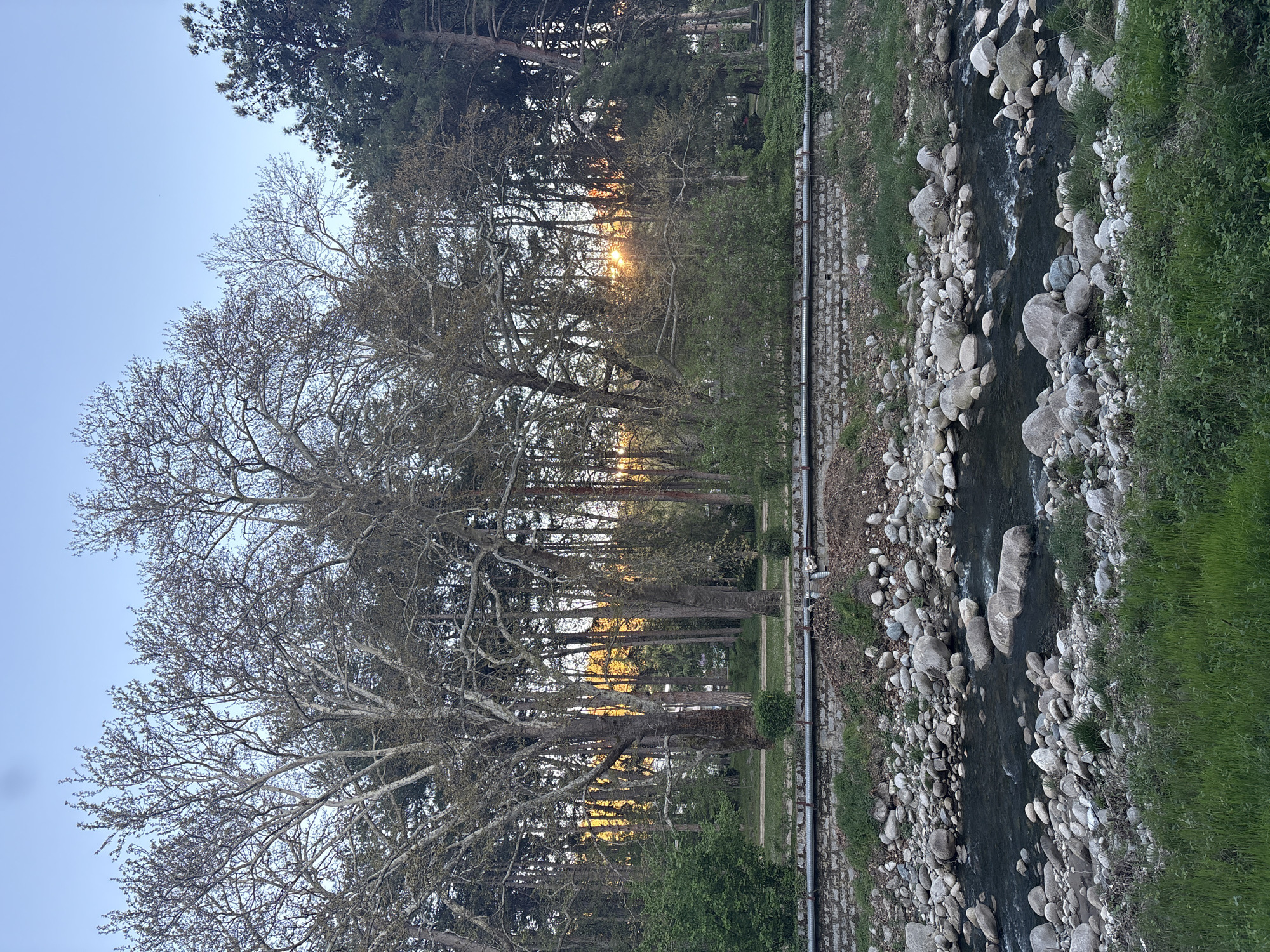 The image depicts a landscape in Sandanski, Bulgaria. A river with rocky banks flows vertically in the right half of the frame. The left half features a line of trees silhouetted against the setting sun. A stone wall runs parallel to the river. There are no people visible in the image.