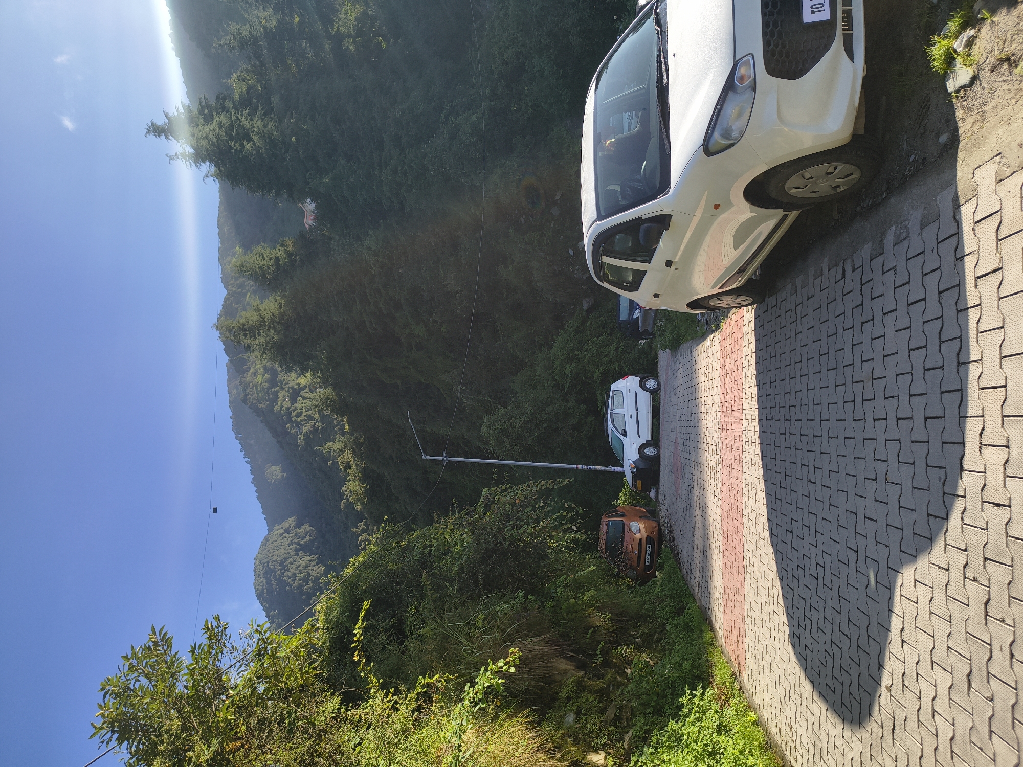 A white hatchback car is parked on the right side of a paved driveway in a mountainous region. The driveway is constructed of interlocking pavers with a section of red pavers further up. To the left of the driveway, a steep, overgrown embankment is covered in lush green vegetation. An older, orange hatchback car is parked further up the driveway, partially obscured by the greenery. In the background, a well-lit street lamp stands between the cars and a densely wooded mountain slope. The sky above is clear blue, with the sun casting strong shadows across the scene. The image appears to be taken in the city of Haini, India.