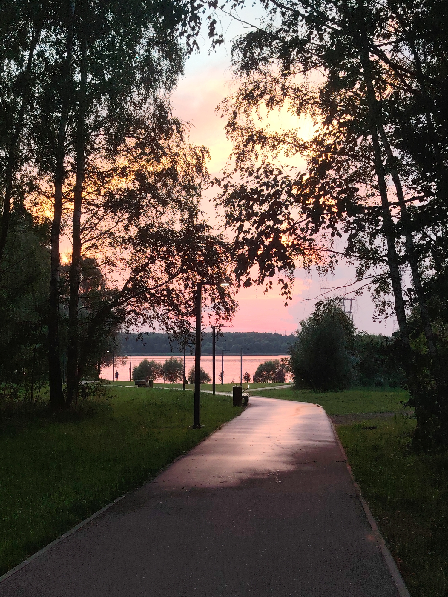 A paved pathway curves through a park towards a tranquil lake at sunset. The sky above is painted with hues of pink and orange, peeking through the dark silhouettes of trees lining the path and the water's edge. The pathway itself is wet, reflecting the colorful sky. In the distance, across the lake, a tree-lined horizon is visible. A lone figure walks on the grass near the lake, and a park bench sits beside the path. Lampposts are sparsely placed along the pathway, suggesting it is a public area. The scene evokes a peaceful, late evening ambiance in a park, likely within the city of Konakovo, Russia, given the context.