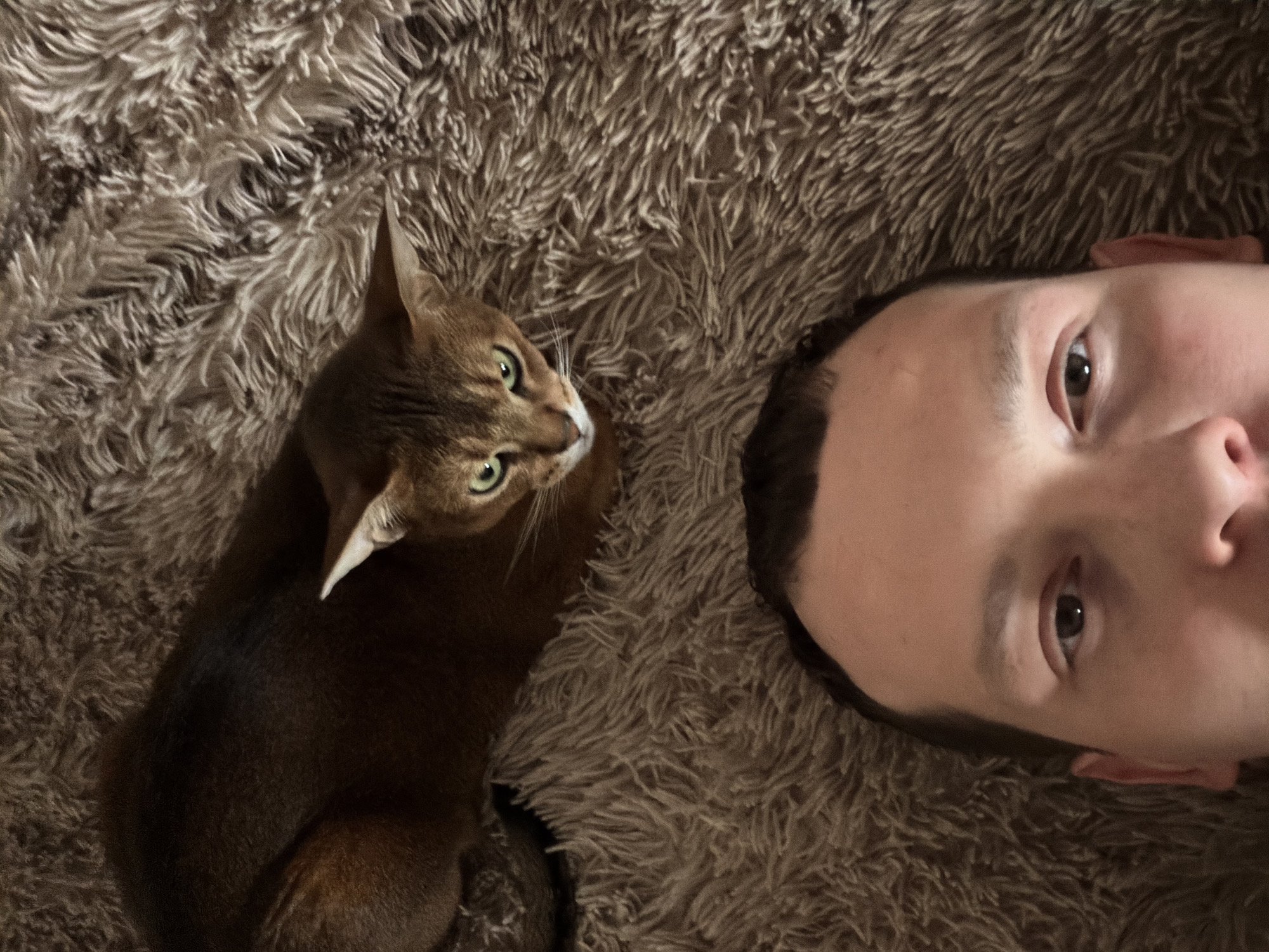 The image shows a close-up, overhead shot of a person and a cat lying on a brown, furry rug. The person's head is positioned on the right side of the frame, with their face visible. The cat is located to the left of the person, looking upwards with green eyes. The setting appears to be indoors, with the rug covering the surface beneath them. The location is unknown, so I can't confirm the presence in Chaikovsky, Russia.