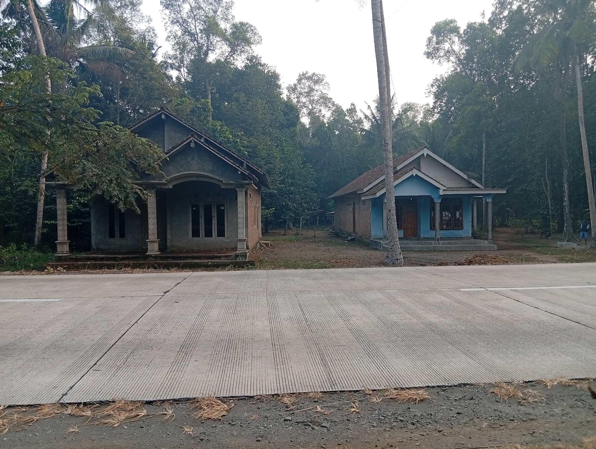 In Plempukankembaran, Indonesia, two houses stand next to a paved road. The house on the left is a two-story structure with a gray facade and a dark roof. It features a covered porch with pillars and several windows. The house on the right is a single-story building with a blue facade, a brown roof, and a similar covered porch with pillars. The road in front of the houses is made of concrete and has a textured surface. Trees surround the houses, creating a lush, green environment. The sky is overcast, suggesting a cloudy day. There are no people or visible actions depicted in the scene, focusing on the static architecture and natural surroundings.