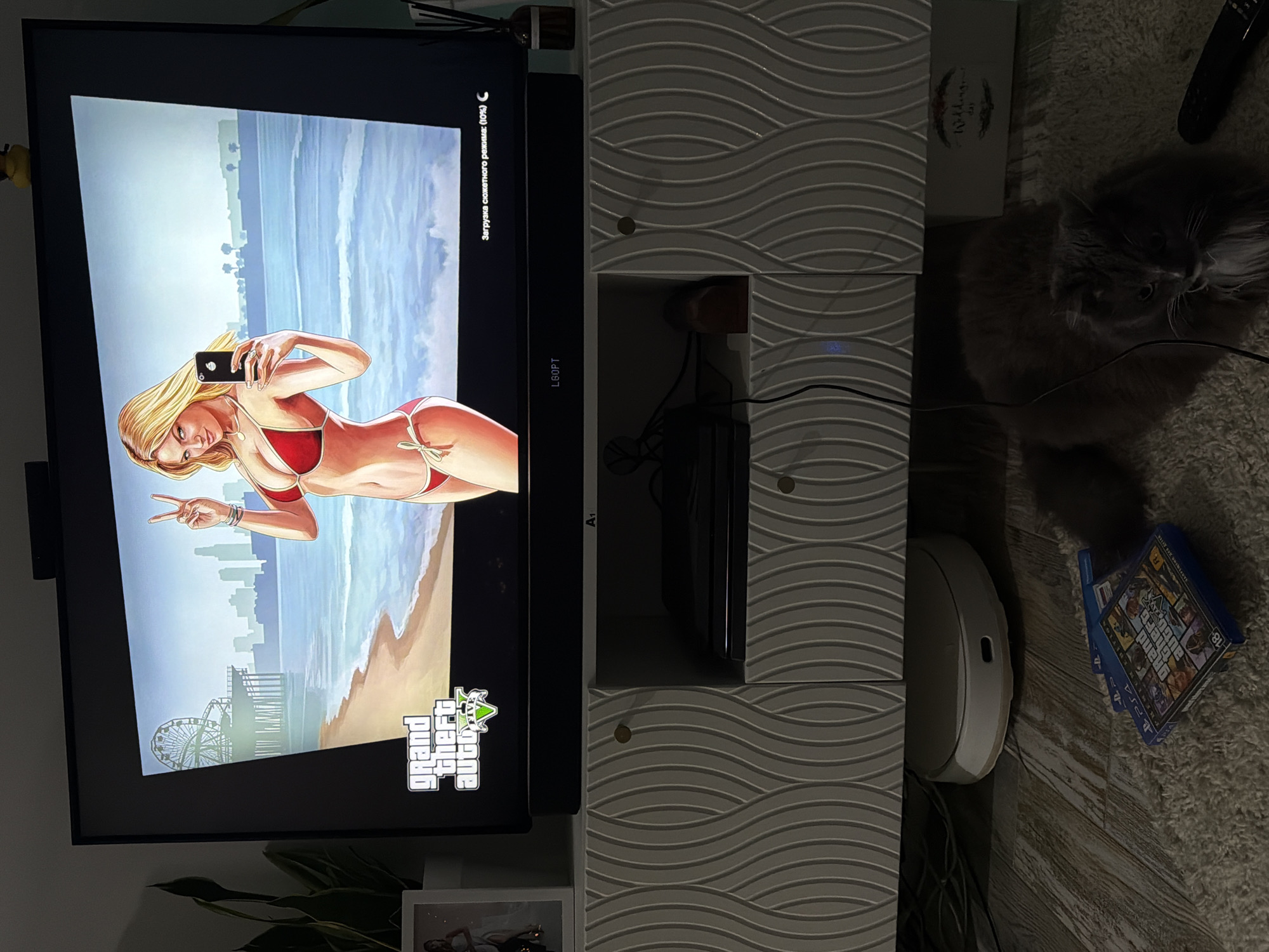 A vertically oriented photograph captures an interior scene featuring a flat-screen television displaying a loading screen for the video game "Grand Theft Auto V." The game's logo is visible in the lower right corner of the screen. A blonde character in a red bikini is seen taking a selfie against a beach backdrop on the television. The TV is positioned atop a light gray cabinet with a wavy pattern.
To the right of the cabinet, a gray cat is present, looking towards the camera. A video game case of "Grand Theft Auto V" for the PlayStation 4 is situated next to the cat on the carpeted floor. A wireless mouse is also on the floor, near the cabinet. A white box with the words "Wedding day" is sitting on the cabinet near the top. A plant can be seen at the base of the television. The location appears to be Большая Шильна, Russia.
