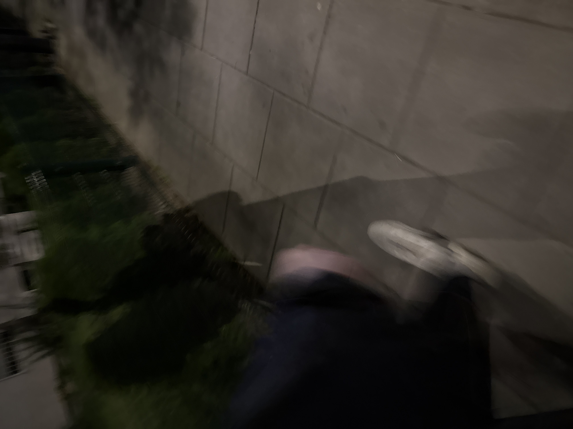 The image depicts a blurred, low-light scene of a person walking on a paved sidewalk next to a hedge. The individual, only partially visible in the foreground and blurred due to motion, appears to be wearing dark clothing and a light-colored shoe. The sidewalk is composed of square concrete tiles. To the left of the sidewalk is a dense, dark green hedge, and beyond that, a glimpse of buildings is visible. A thin metal fence runs along the edge of the hedge. The overall impression is that of a person walking outdoors at night or in low-light conditions.