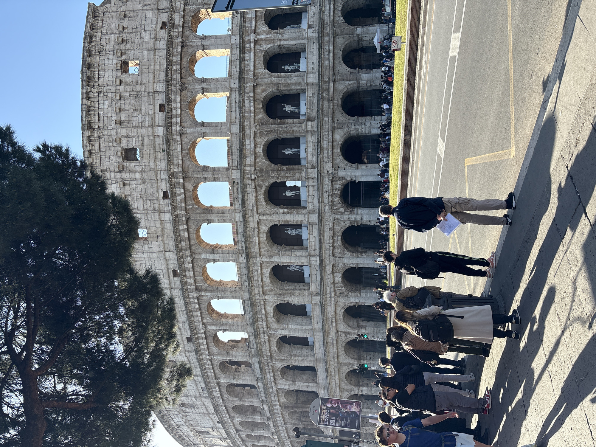 This image captures the magnificent Colosseum in Rome, Italy, under a clear, bright blue sky. The ancient amphitheater, constructed of stone with several tiers of arched openings, forms a grand backdrop. White statues are visible within some of the arched recesses of the Colosseum. A large, lush green tree, likely a Stone Pine, stands prominently in the foreground on the left, partially obscuring the structure.
Numerous people are present in the foreground and midground, occupying a paved sidewalk adjacent to an asphalt road with visible white and yellow markings. The strong sunlight casts long, distinct shadows from the people and objects onto the pavement, indicating either mid-morning or late afternoon. Many individuals appear to be tourists, some standing and observing, while others seem to be part of a queue or group gathered closer to the Colosseum. One man in the immediate foreground, dressed in a dark jacket and light trousers, is seen looking at a white paper he holds.
Near the larger group of people by the Colosseum, a white tent and a prominent advertising billboard are visible. Text on the billboard is partially discernible, including phrases like "MAXIMUS THE FIRST..." and "ROCK SHOP". A smaller sign with faint text, possibly mentioning "CARABINIERI," is also present. The scene conveys a busy atmosphere typical of a major historical attraction, with visitors admiring the iconic landmark.