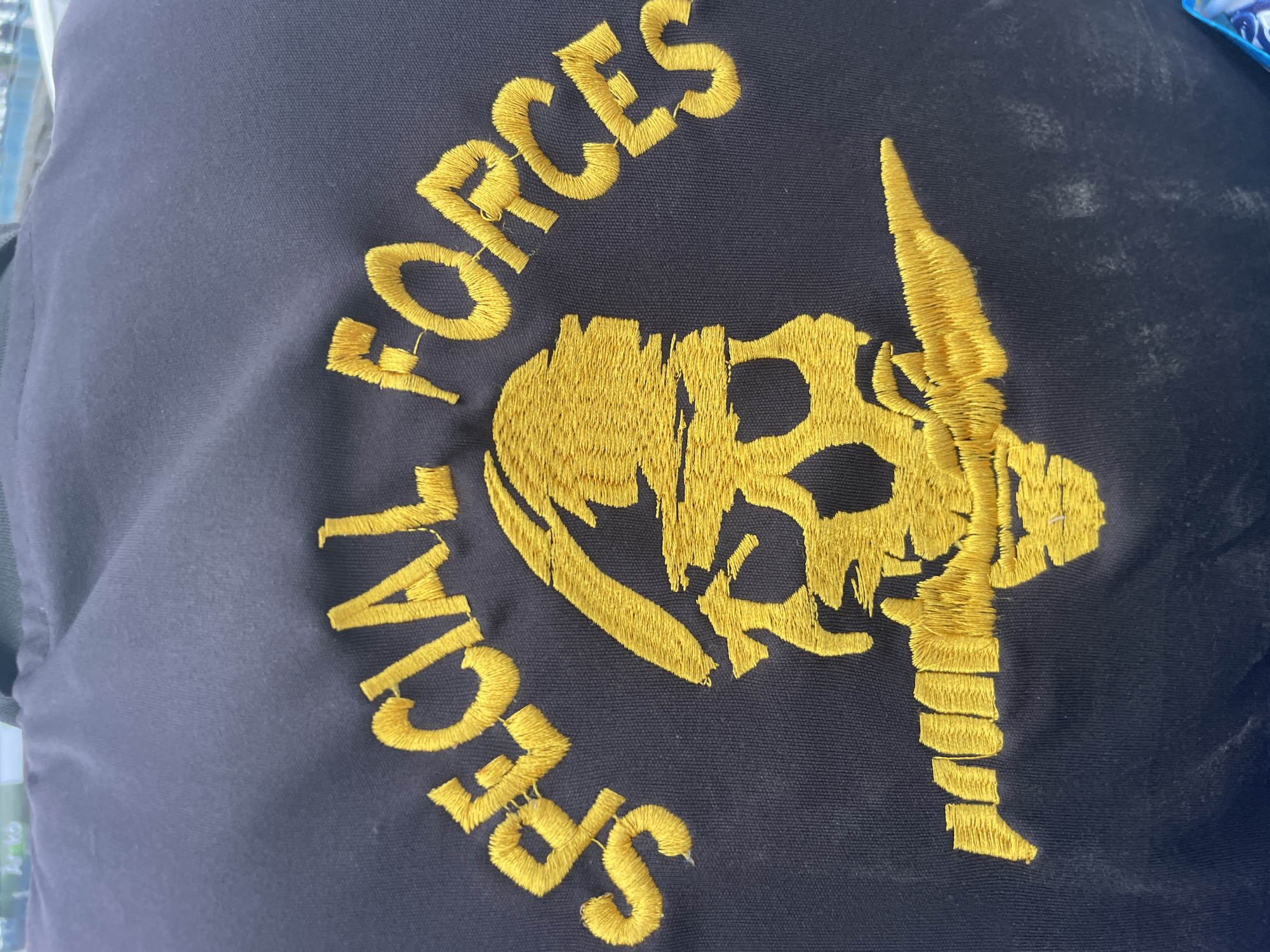 The image shows a close-up of a dark fabric jacket or garment with gold-colored embroidered text "SPECIAL FORCES" in a curved arrangement around an embroidered skull and dagger design. The text is located on the upper left quadrant of the image. There is no evidence to suggest the picture was taken in Lekki, Nigeria.