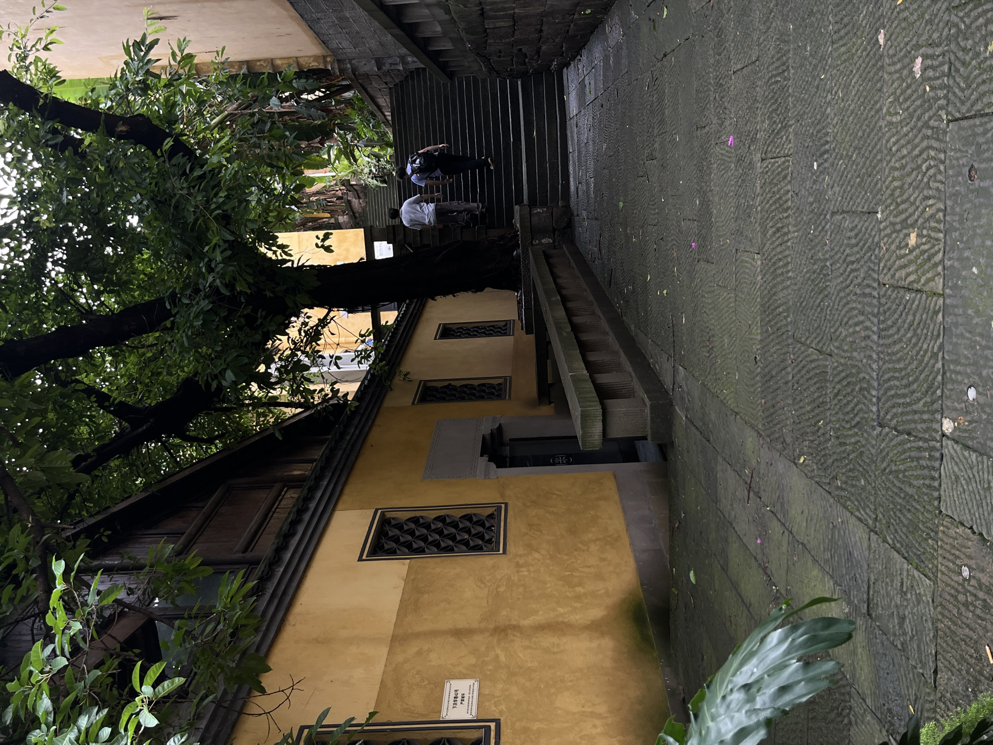 A street view shows a stepped alley in Yuzhong District, Chongqing, China. A yellow wall with decorative windows is on the left, partially obscured by a tree. Two people are walking up the stairs in the alleyway. The stone pavement has a patterned surface.