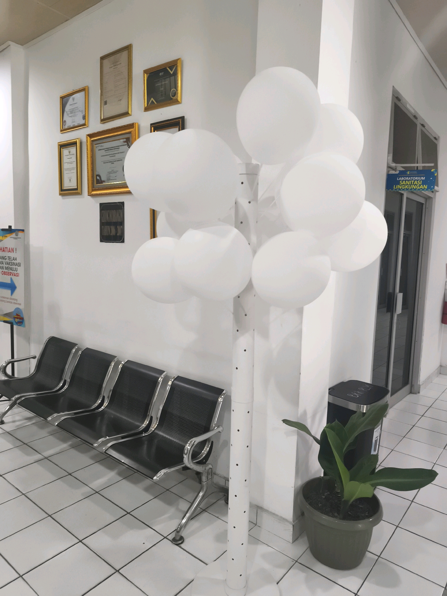 In an indoor hallway, likely in a public building in Unknown, Indonesia, a cluster of white balloons floats on a stand, partially obscuring framed certificates mounted on the wall. The certificates, some in ornate gold frames, are a focal point on the white wall. To the left, a tall, narrow sign with blue and yellow accents provides information. In the foreground, a row of black, metal chairs with silver legs are arranged along the wall. The floor is tiled with white squares. To the right, a glass-doored entrance leads to another room, marked with a blue sign that reads "LABORATORIUM SANITASI LINGKUNGAN". Adjacent to the door is a black trash can and a potted green plant with large leaves. The lighting is bright and appears to be artificial, typical of an indoor space. There are no people visible in the image.