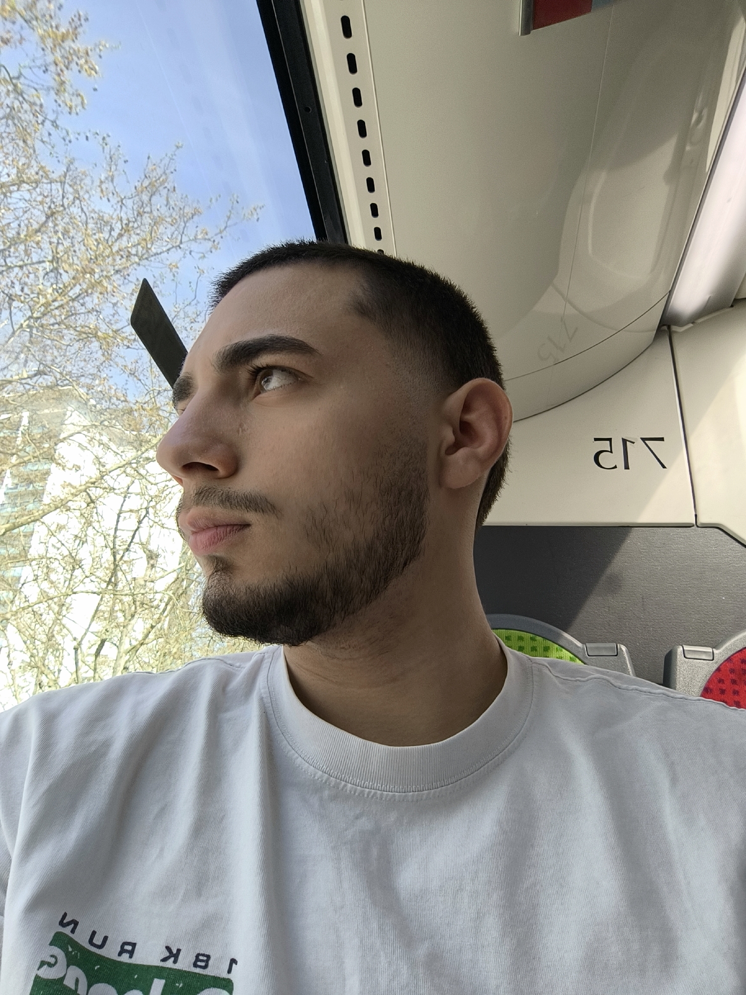 A young man is looking out the window of a tram in Strasbourg, France. The tram interior is visible, including a white panel with a stylized "CTS" logo (CTS being the transit operator of Strasbourg). Outside the window, bare tree branches are seen against a light blue sky, suggesting it might be spring or autumn. The man is wearing a white t-shirt and has a short haircut and a beard. The image appears to be taken from a slightly upward angle.