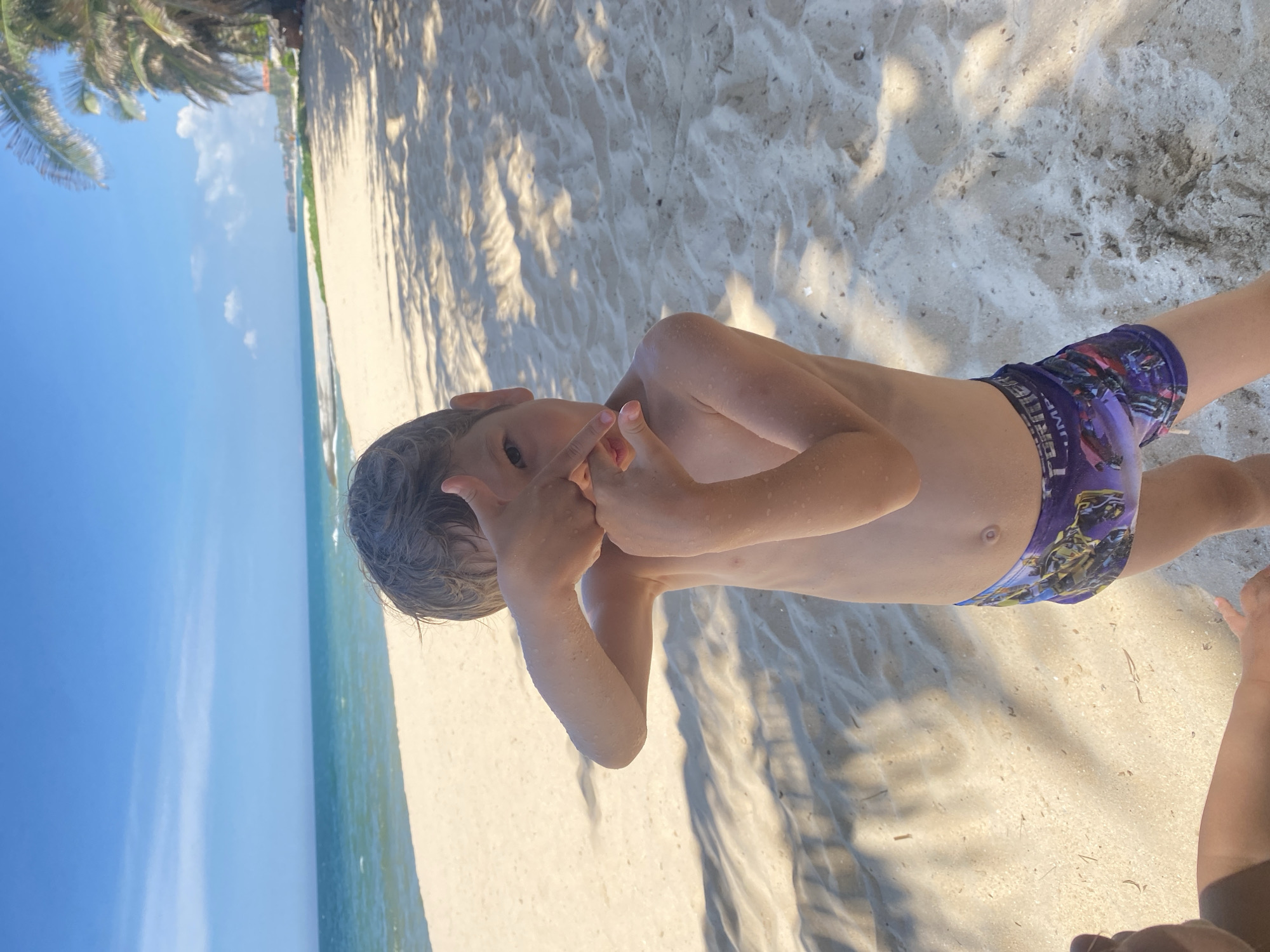 In Phu Thuy Ward, Vietnam, a young boy stands on a sandy beach with the ocean and blue sky in the background. He is wearing purple swim trunks with a Transformers print. The boy is holding his hands up to his face, forming a frame around his eyes with his fingers. Palm trees cast shadows on the sand. The lighting suggests it is a sunny day.