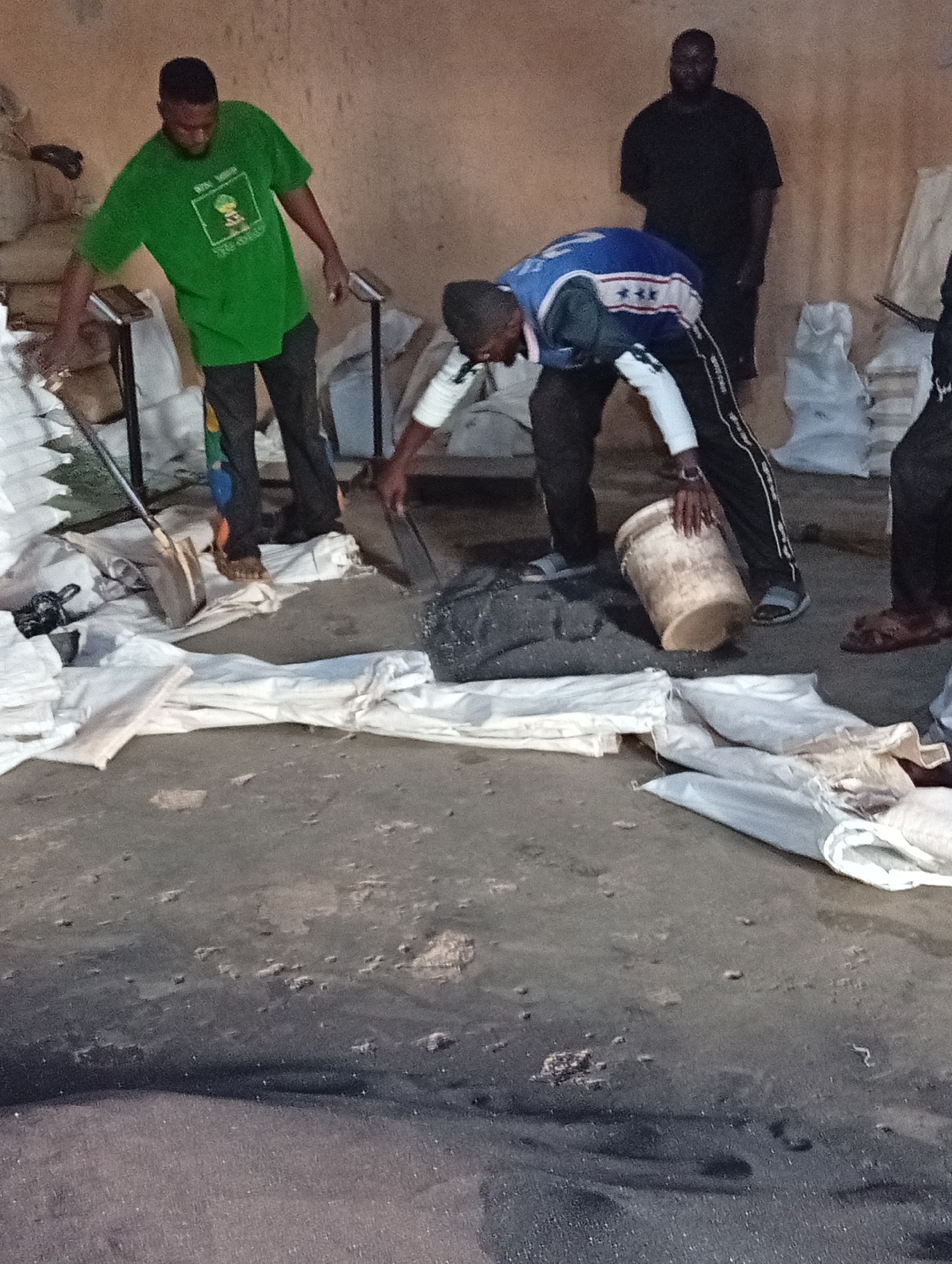 In a dimly lit interior space in Gura Top, Nigeria, three men engage in an activity involving bags and a dark, granular substance. One man, wearing a green t-shirt and dark pants, stands near a pile of white bags and wields a shovel. Another man, dressed in a blue jacket and dark pants with white stripes, bends over a pile of the dark substance, holding a cylindrical container. A third man, wearing a black t-shirt, stands in the background. The floor is concrete and stained with a dark substance. White bags are scattered throughout the room.