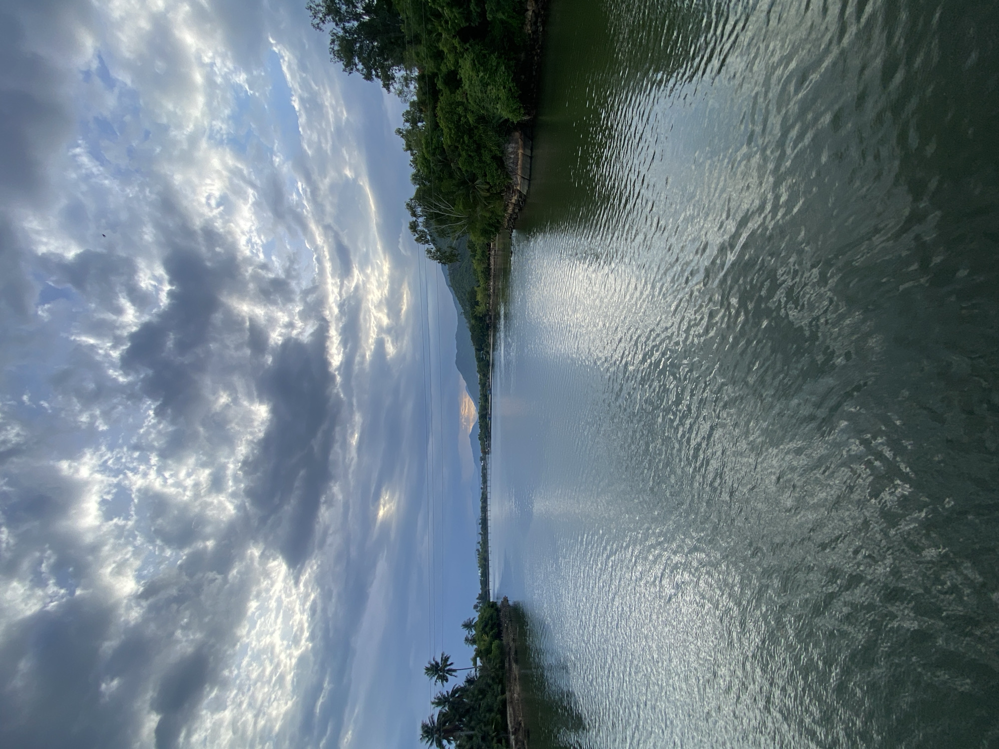 The image depicts a serene river scene with lush green vegetation lining the banks and a dramatic cloudy sky above. In the distance, mountains are visible, and the water reflects the light of the setting sun, casting a golden glow on the horizon. The river is calm, with gentle ripples on its surface. Palm trees are scattered along the left bank, adding to the tropical atmosphere. The scene appears to be located in a natural setting, likely a river in or near Nha Trang, Vietnam, given the vegetation and mountainous backdrop. There are no people or specific objects of interest in the frame, making it a purely landscape-oriented photograph. The overall mood is peaceful and tranquil, evoking a sense of natural beauty and solitude.