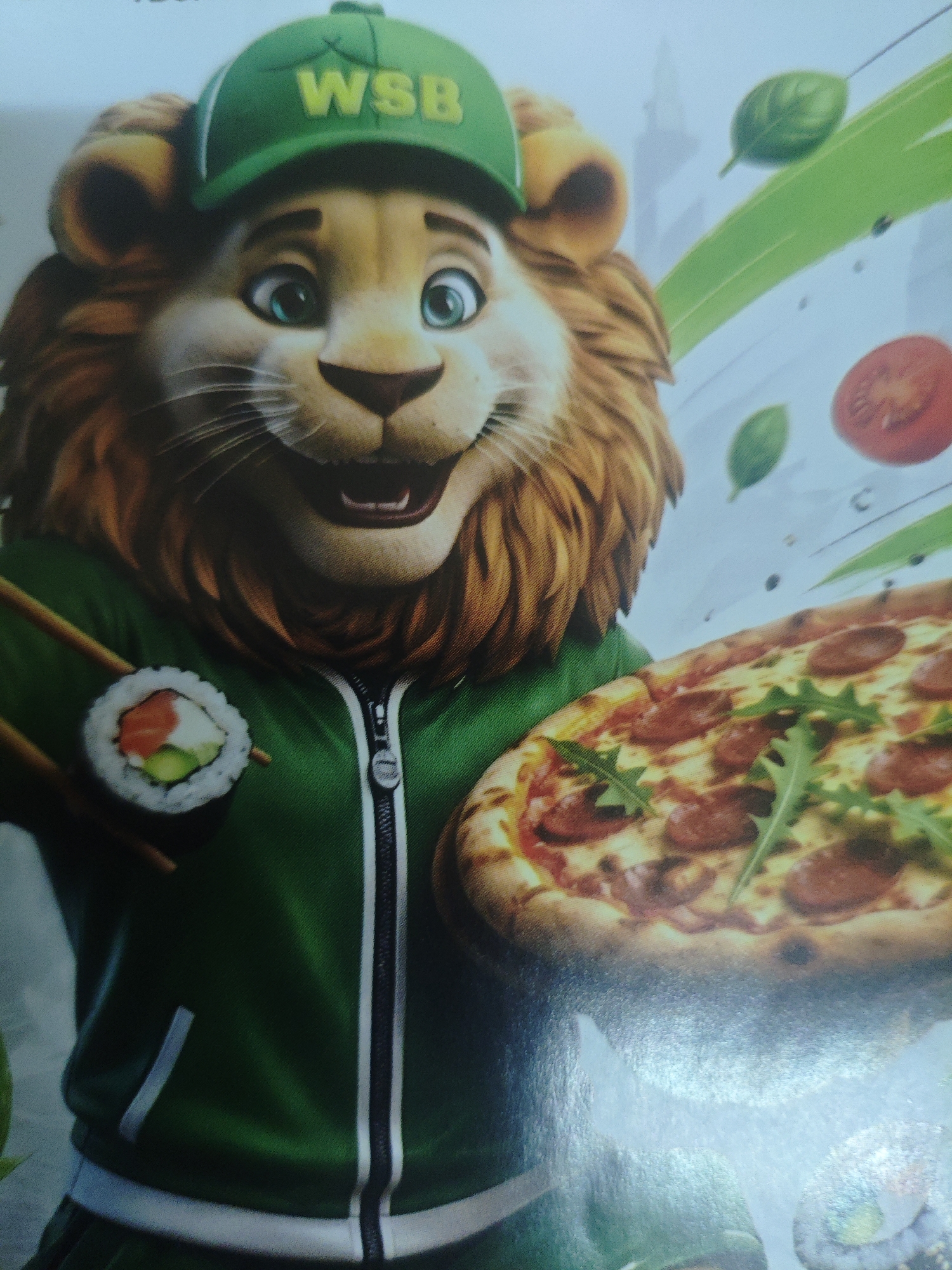 The image is a close-up shot of a cartoon lion wearing a green baseball cap with the letters "WSB" in yellow. The lion has a friendly expression, with wide blue eyes and an open mouth. It is wearing a green tracksuit with a white stripe along the zipper. In its left hand, the lion is holding chopsticks, with a piece of sushi impaled on them. The sushi appears to be a California roll, with rice on the outside and fillings of avocado and what looks like salmon or tuna. In its right hand, the lion is holding a large pepperoni pizza topped with arugula. The background is blurred, but appears to be a bright, sky-blue color with some green elements, possibly representing grass or leaves, and a blurred red circular object that resembles a tomato. The overall impression is that of a mascot promoting food, possibly a restaurant or delivery service. There is no indication in the image that it is located in Armavir, Russia, or any specific geographical location.