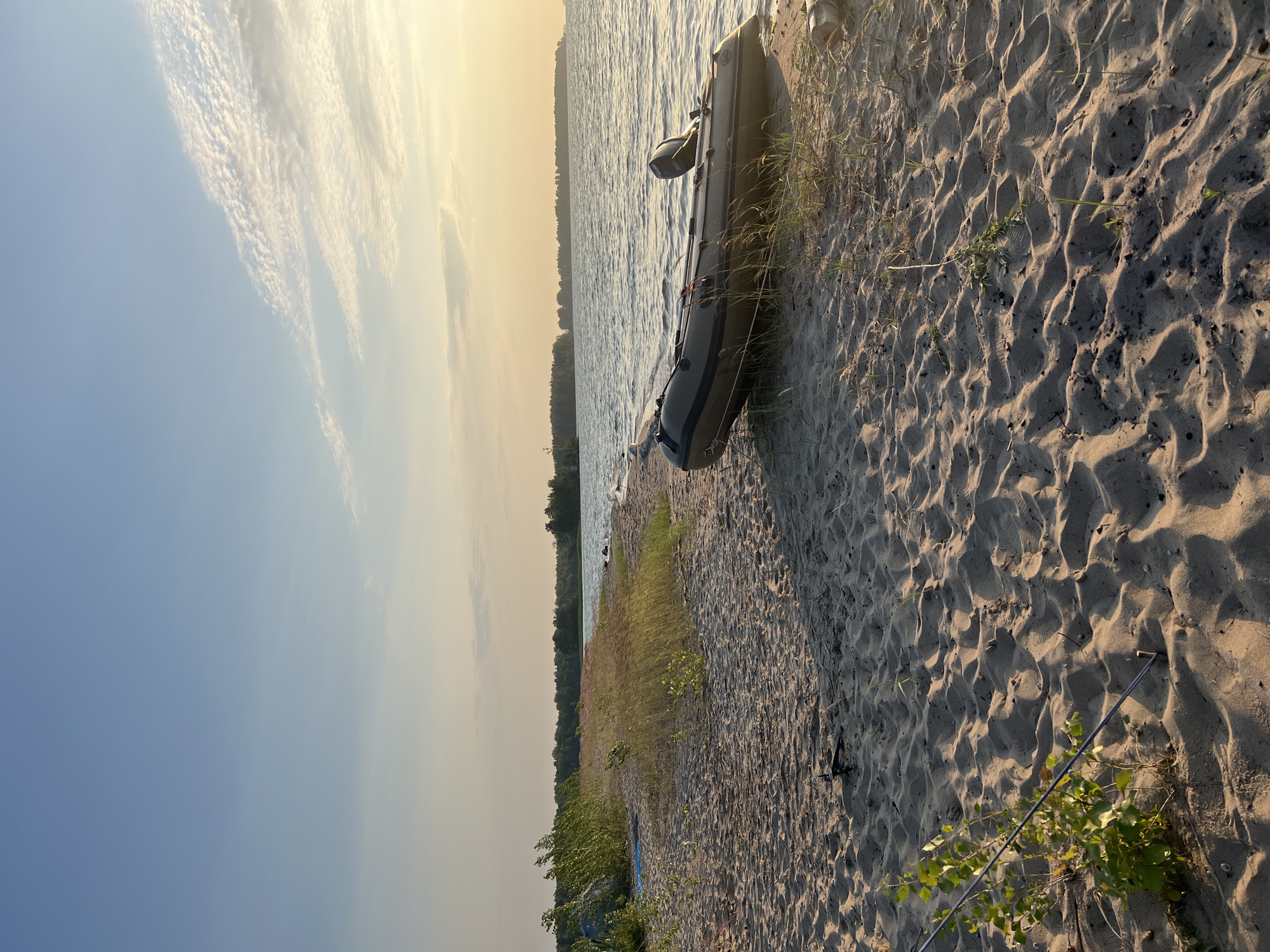 This image depicts a sandy beach bordering a body of water, likely a lake or river, with a tree line in the distance. The sky is a pale blue with wispy clouds, and the setting sun casts a warm glow on the scene.
In the foreground, the sandy beach shows ripples and footprints, indicating recent activity. A small green plant with a metal stake is visible in the lower left corner. Further back on the beach, an inflatable boat with an outboard motor is resting on the sand near the water's edge. Some dry grasses and vegetation grow along the shoreline.
The water is calm with gentle ripples. Across the water, a dense forest can be seen, forming the horizon. The overall atmosphere is serene and tranquil, suggesting a peaceful natural setting. The image was captured in Borovoye, Russia.
