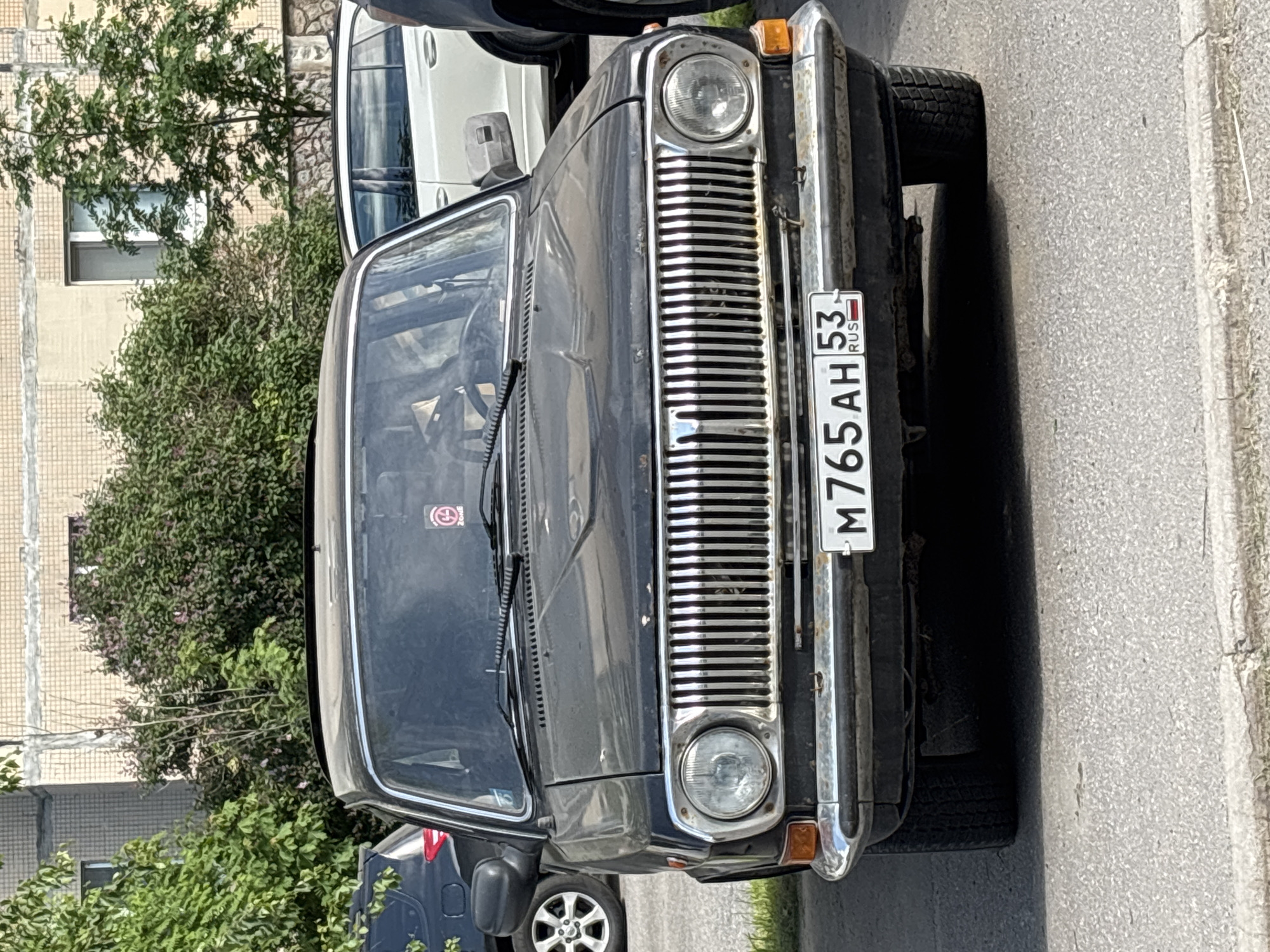 A dark-colored, vintage sedan, likely a Soviet-era GAZ-24 "Volga," is prominently featured, parked on an asphalt surface. The car is seen from the front-right quarter, with its front end facing the viewer. It has large, round headlights and a distinctive vertical chrome grille. A chrome bumper runs across the front. The car appears to be in weathered condition, consistent with its age.
Behind the dark sedan, part of a white car is visible, and in the bottom left corner, another dark-colored car's front wheel and bumper are partially seen. Lush green trees and bushes are situated behind and to the left of the main car, obscuring part of a light-colored building with visible windows in the background. The building facade has a textured, possibly tiled or brick, appearance.
The scene takes place outdoors during the daytime, under what appears to be sunny or clear weather conditions, as indicated by the bright lighting and shadows cast beneath the car. The location is identifiable as Russia due to the license plate.
Visible text includes the Russian license plate on the front of the dark car, which reads "M765AH 53 RUS". There is also a small, red circular sticker on the inside of the dark car's windshield, but its specific text or design is not discernible.