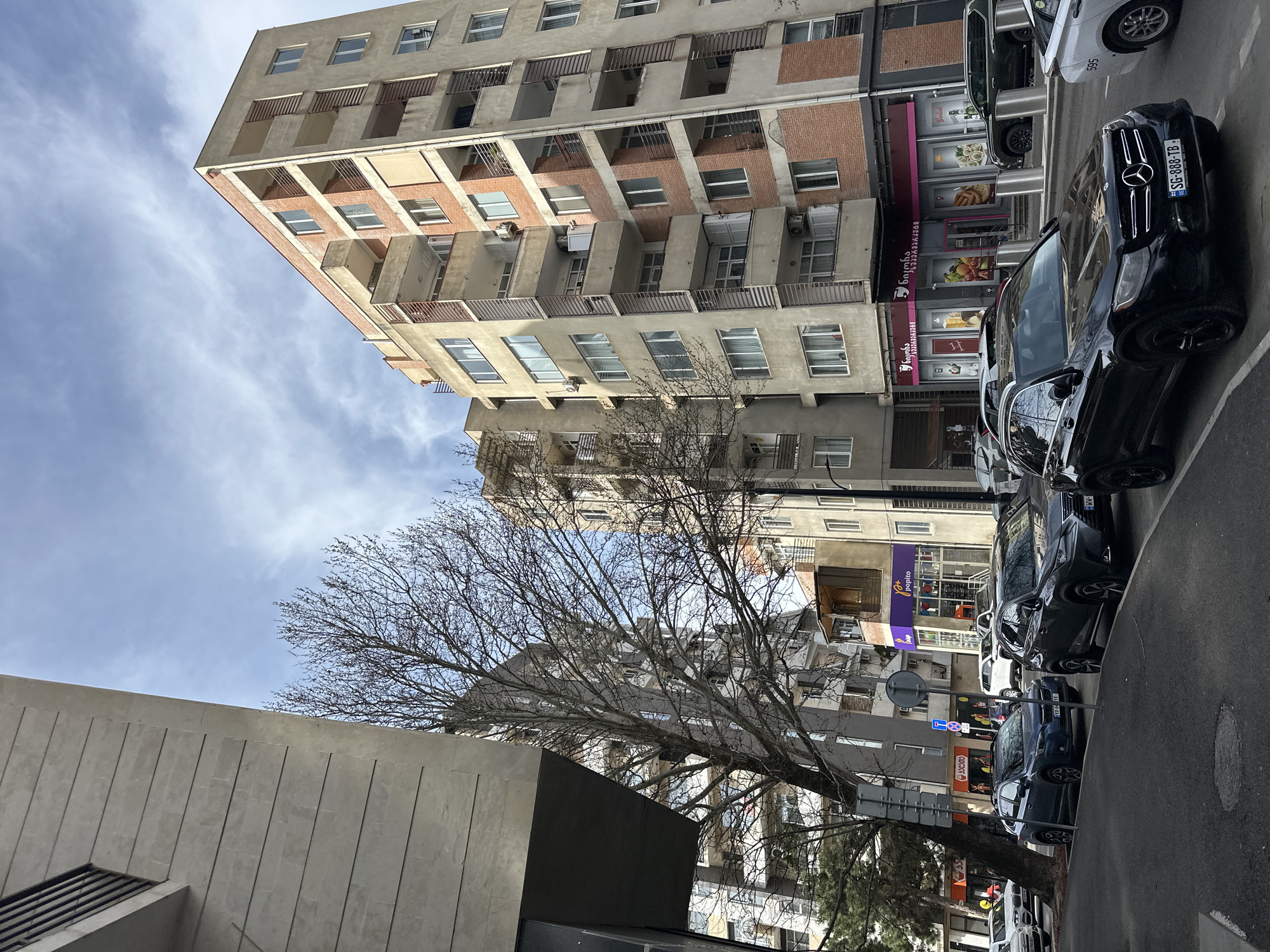 The image depicts a street scene in Tbilisi, Georgia. A tall, multi-story building with a mix of concrete and brick facade dominates the upper portion of the frame. The building features numerous balconies and windows. Below, a row of parked cars lines the street. On the right side of the frame, the front of several businesses with storefronts can be seen. A bare tree with many branches and no leaves stretches across the middle ground of the image. In the foreground, a modern building with a gray concrete facade can be seen. The sky is visible in the upper left corner, showing a light blue with wispy clouds.