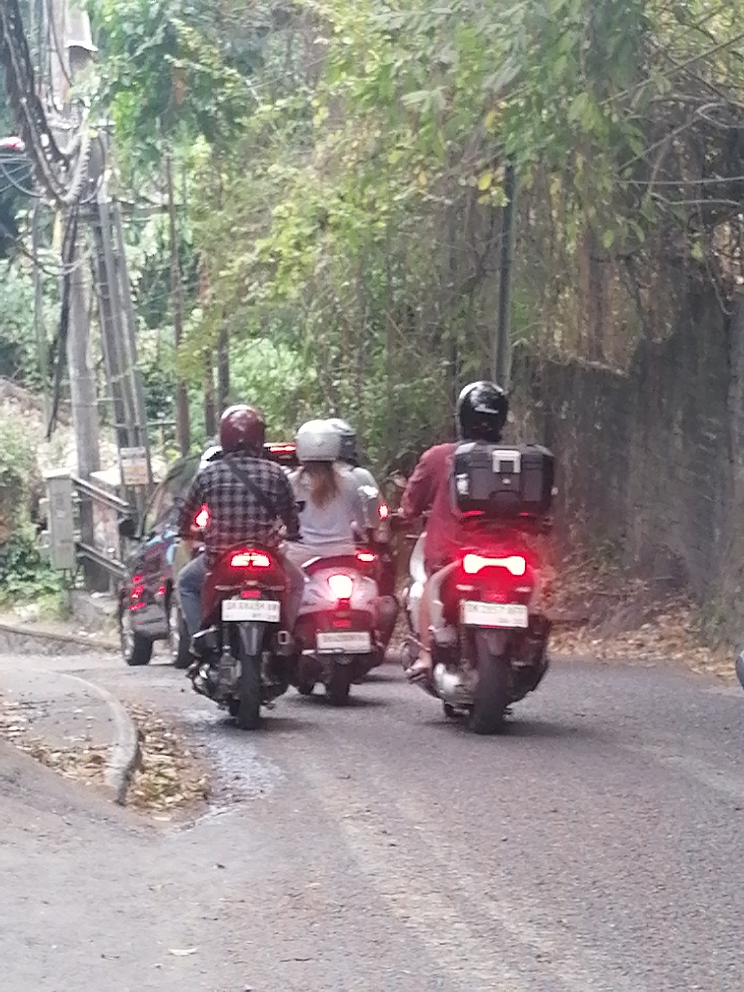 The image shows a street scene in Ubud District, Indonesia, with a view of motorcycles and a car on a road bordered by vegetation and a stone wall. In the foreground, three motorcycles are visible, two of which have riders wearing helmets. The rider on the leftmost motorcycle, partially obscured, is wearing a plaid shirt and a maroon helmet. The motorcycle behind them has a rider in a light-colored shirt and a white helmet. The motorcycle on the right has a rider in a red shirt and a black helmet, with a black storage box mounted on the back. Behind these motorcycles, a car appears to be stopped or moving slowly. The road surface is asphalt, with some fallen leaves and debris on the side. Lush green trees and foliage line the road, creating a natural backdrop. Electrical poles and wires are visible on the left side of the image, suggesting an urban or semi-urban environment. The overall scene depicts typical traffic and road conditions in the area.