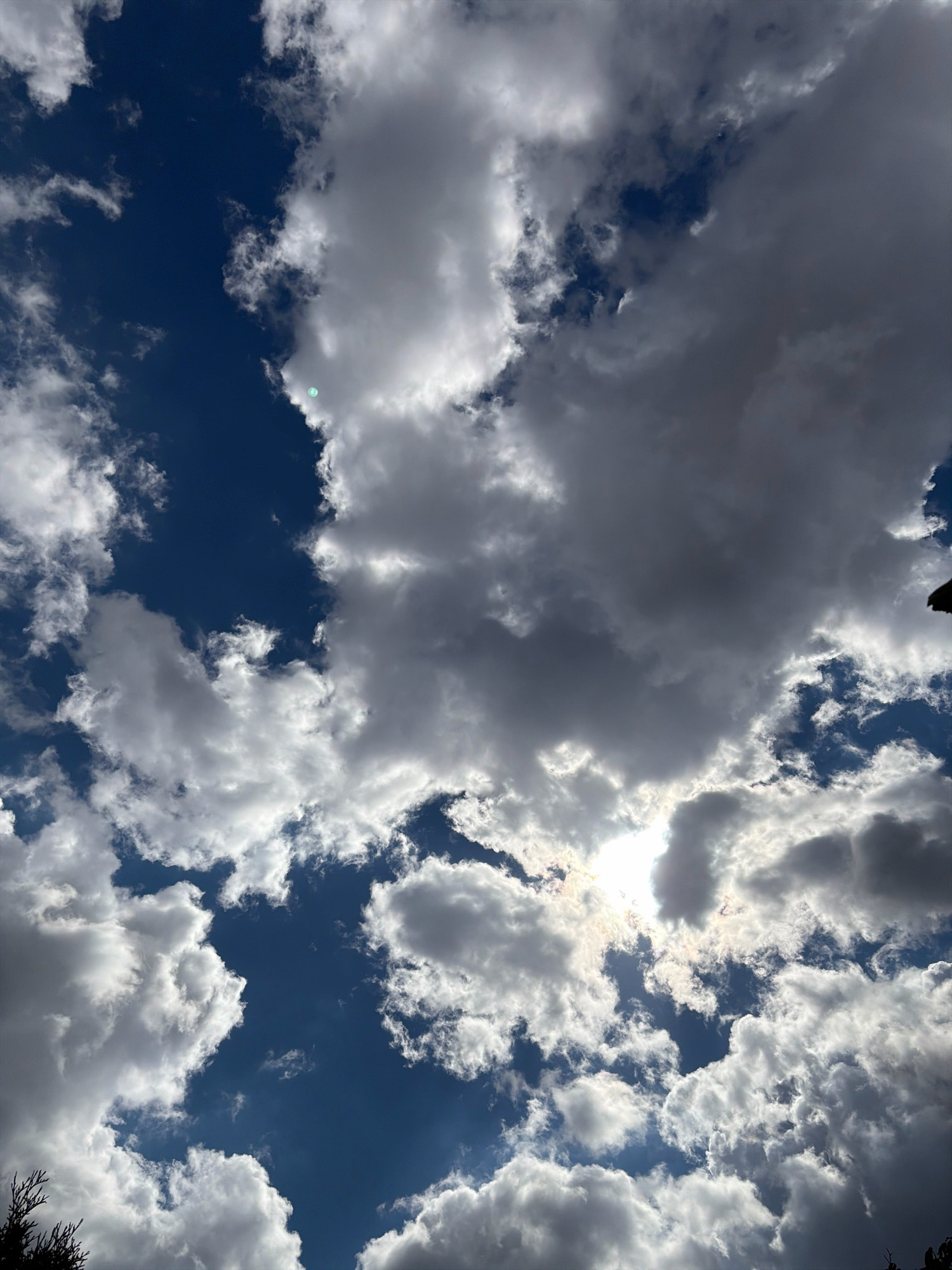 The image shows a view of the sky from the city of Oxentea, Moldova. The sky is a deep blue, with scattered white and gray clouds. The sun is visible, peeking through the clouds and casting a bright light. In the lower left corner of the image, a dark silhouette of tree branches can be seen against the sky. The overall scene is one of a partly cloudy day, with the sun shining through. There are no people or specific objects of interest visible in the frame, aside from the natural elements of the sky and trees.