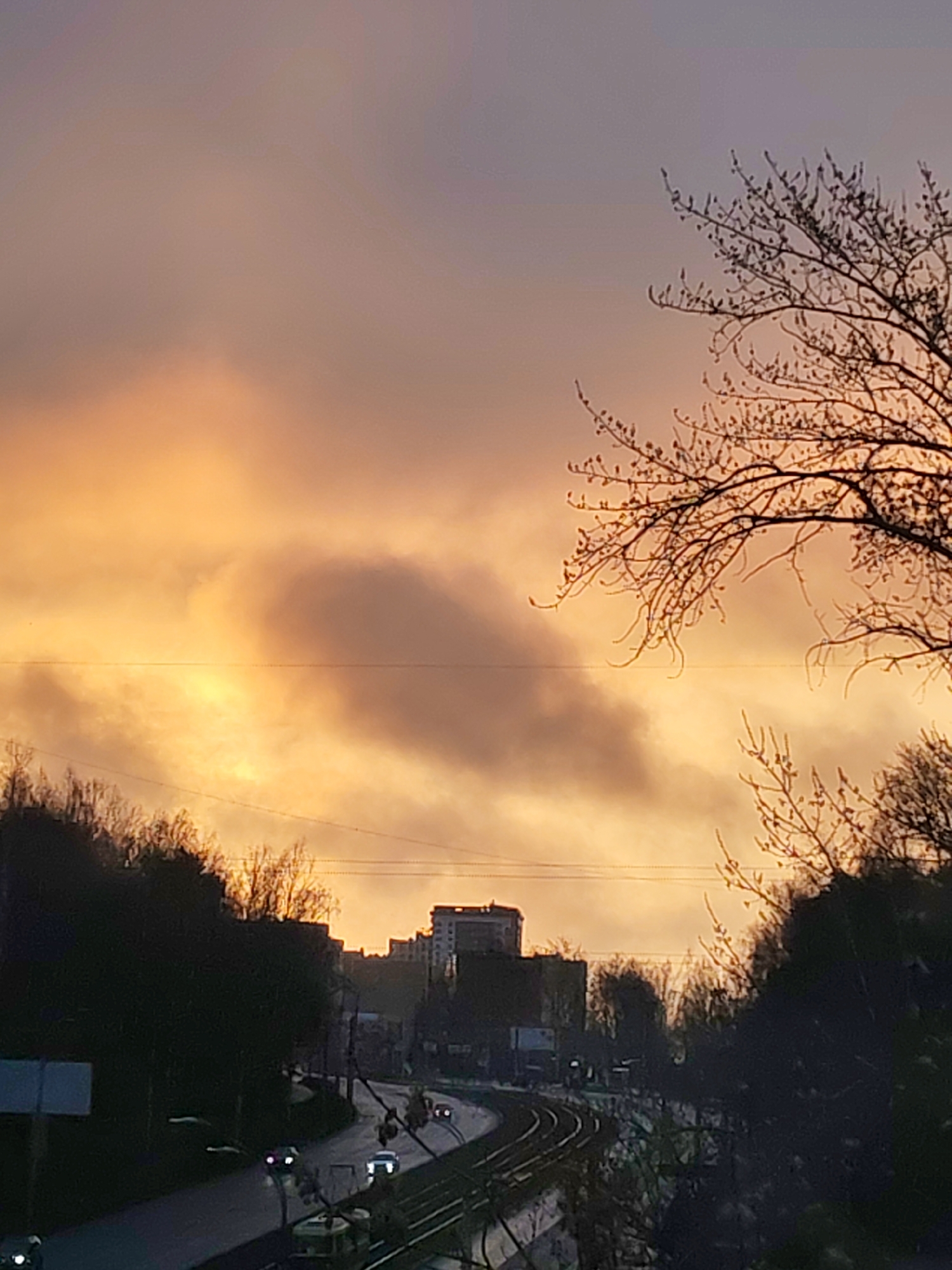 The image captures an urban or suburban landscape during either sunrise or sunset, presenting a striking interplay of light and shadow. The sky dominates the upper portion of the frame, showcasing vibrant golden and orange hues within textured clouds, which transition into a softer greyish-purple towards the top. A large, darker cloud formation is prominent in the central sky.
Silhouetted against this dramatic sky are numerous bare tree branches, some showing visible buds, suggesting late winter or early spring. In the mid-ground and foreground, a wide, curving road, possibly with tram or train tracks running alongside it, is visible. The road surface appears wet, reflecting the ambient light and indicating recent rain or damp conditions. Several vehicles with illuminated headlights are seen on the road, suggesting ongoing traffic.
In the distance, an assortment of buildings, likely residential or commercial, is silhouetted against the horizon, partially obscured by the tree line. Thin power lines are visible stretching across the sky. There are no identifiable people, and no legible text can be discerned from any signs or objects. The scene depicts a transitional moment in an urban setting in Izhevsk, Russia, with the natural beauty of the sky contrasting with the built environment and daily activity.
