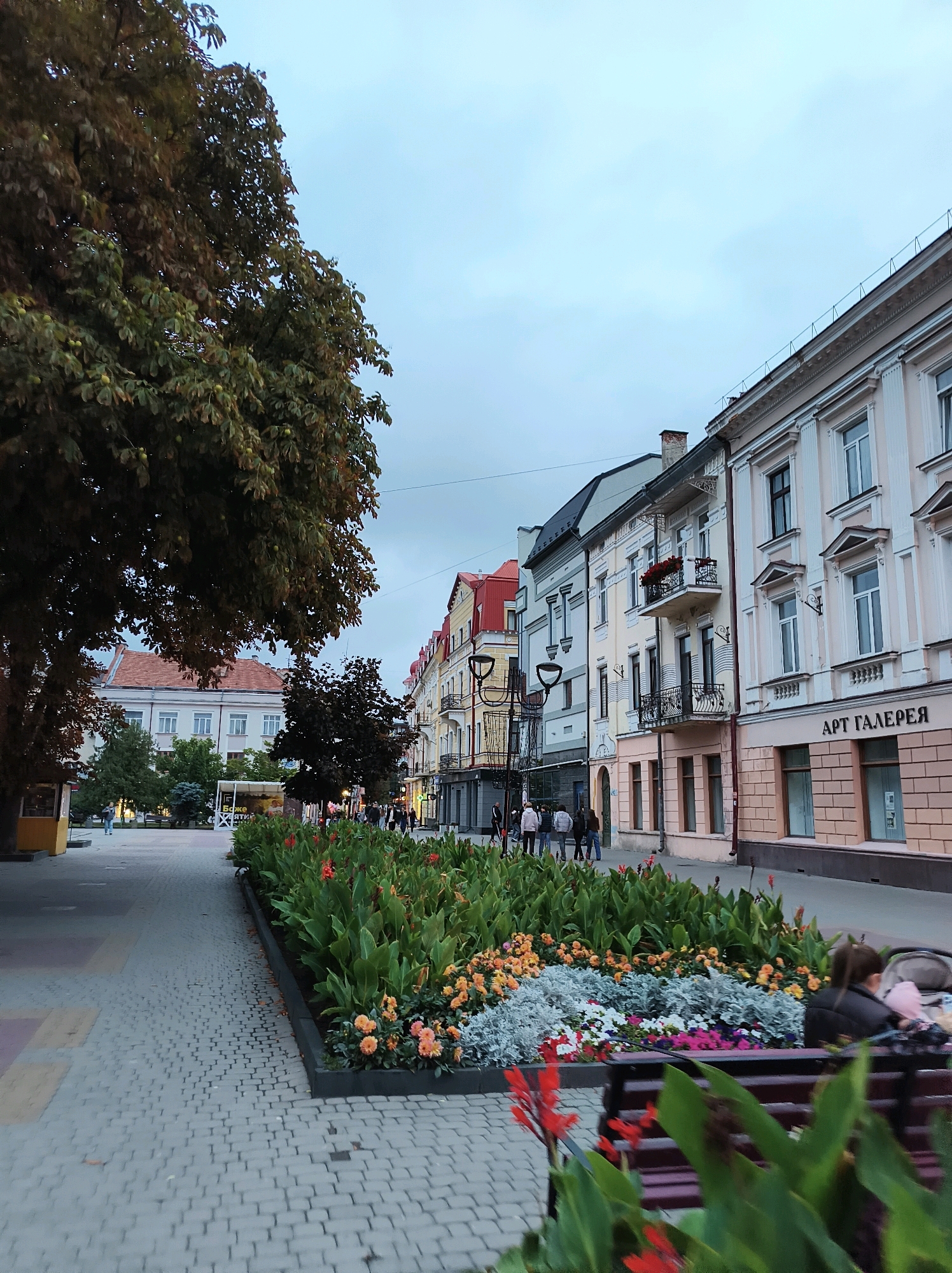The image depicts a street scene in Ternopil, Ukraine, likely in the central part of the city given the architecture and presence of an art gallery. The foreground is dominated by a pedestrian walkway paved with light-colored rectangular stones. To the right of the walkway, a well-maintained flower bed features vibrant red and orange flowers, interspersed with silvery-gray foliage. A dark-colored park bench is visible in the lower right corner, with a person seated on it, facing away from the camera. Behind the flower bed, a row of ornate buildings lines the street. These buildings, painted in pastel colors like cream and light pink, feature classical architectural elements such as columns, arched windows, and decorative moldings. One building has a sign with Cyrillic text that appears to read "АРТ ГАЛЕРЕЯ" (Art Gallery). In the background, more buildings and trees are visible, and several people are walking along the sidewalk. The sky is overcast, suggesting either early morning or late afternoon light. The overall impression is a clean, well-kept urban environment with a focus on pedestrian areas and green spaces.