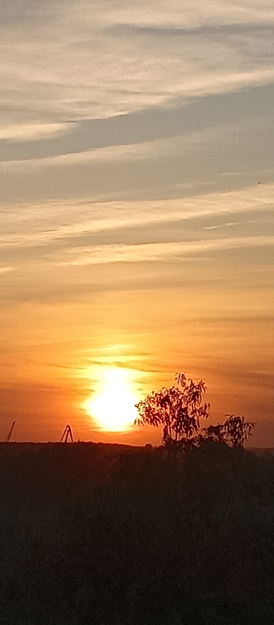 The image depicts a sunset. The sun is low on the horizon, radiating an intense orange and yellow glow. Thin, horizontal clouds stretch across the sky, reflecting the sunset's colors. In the foreground, the dark silhouette of a tree stands to the right of the sun. In the far left of the image are two structures, one long pole and one "A" shaped, possibly parts of buildings or structures on the horizon line. The location appears to be in the city of Unknown, Unknown, with a landscape of low-lying vegetation in the bottom half of the image.