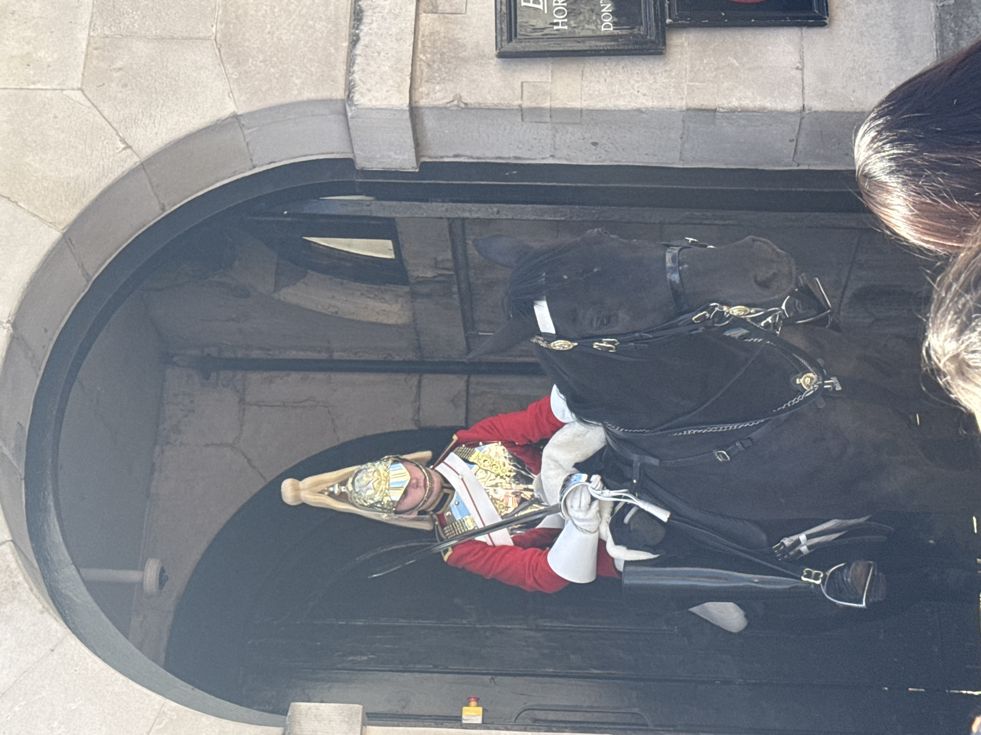 A Horse Guard is on horseback within a stone archway structure. The guard is wearing a red coat, white gloves, and a decorative helmet. The horse is black with a silver-colored bridle. The location is likely in London, United Kingdom, given the style of the guard's uniform and architectural elements.