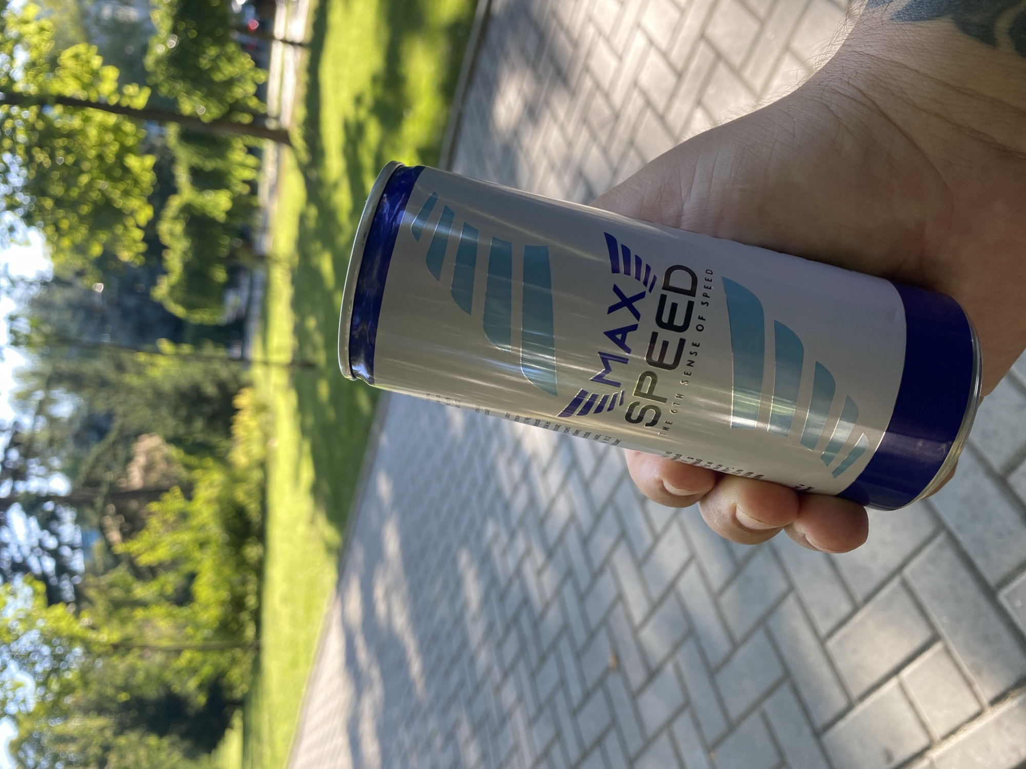 A hand holds a silver and blue can of "MAX SPEED" energy drink. The can has stylized blue wings on its side and text that reads "THE 6TH SENSE OF SPEED". The hand is against a backdrop of a paved walkway with a pattern of interlocking rectangular stones. Beyond the walkway is a grassy area with trees and sunlight filtering through the leaves. The scene appears to be set in a park or outdoor public space within Chișinău, Moldova.