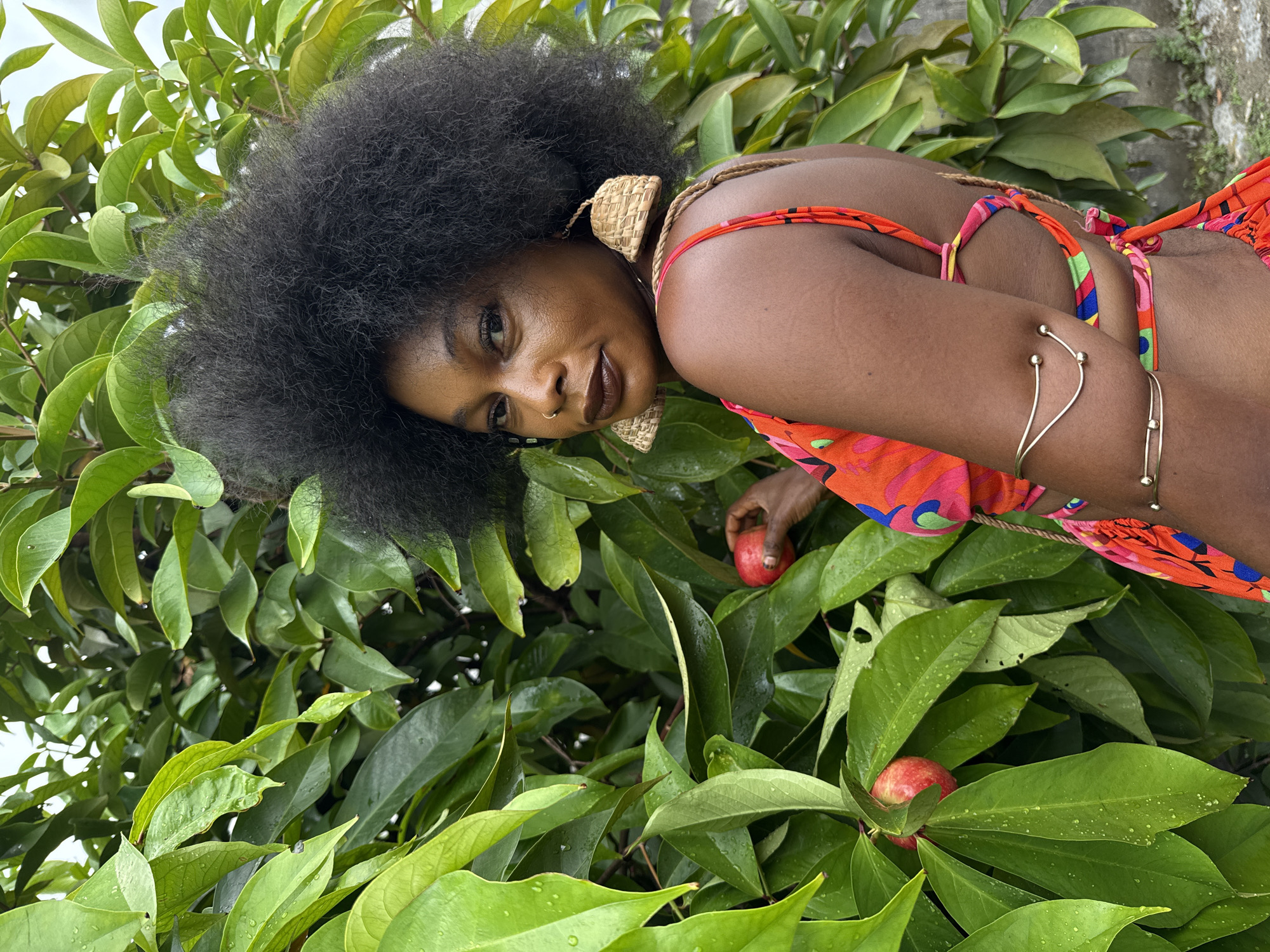 A medium shot depicts a woman with dark skin and a large afro hairstyle, wearing a colorful halter-neck garment and accessories, amidst dense green foliage with some red fruits. The location is not discernible as Ado, Nigeria. The woman is angled with her face towards the viewer, looking into the camera. She has dark lipstick and wears woven earrings and a simple metallic arm cuff. Her arm reaches into the greenery to touch a red fruit. The foliage appears wet, with water droplets on the leaves.