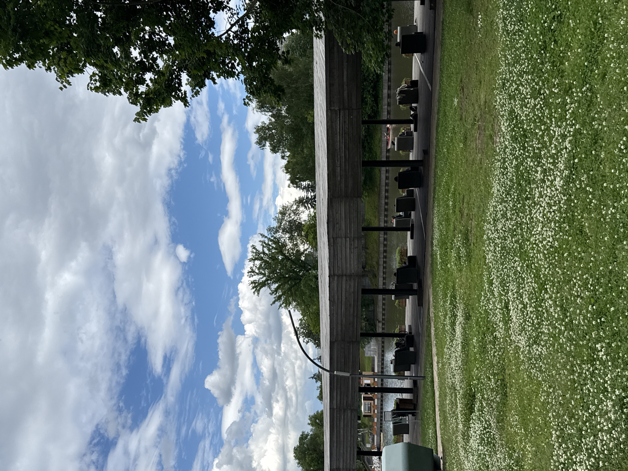 The image depicts a waterfront area with a wooden canopy structure supported by dark pillars. Underneath the canopy, there are several chairs, some occupied by people. A body of water, possibly a river or canal, is visible beyond the structure, with trees and greenery on the opposite bank. The foreground features a lush green lawn dotted with numerous small white flowers, resembling clover. The sky is partly cloudy with patches of blue. A curved lamppost stands in front of the canopy. The scene suggests a public space for relaxation or observation near the water, likely in a park or recreational area. While no specific Moscow landmarks are identifiable, the presence of this type of waterfront infrastructure is common in many parts of the city.