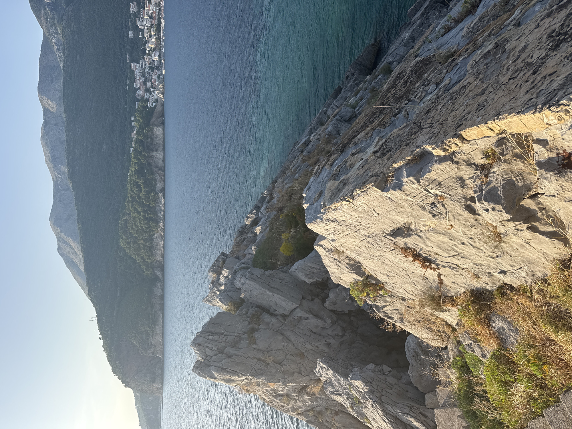 The image shows a rocky coastline leading into the sea. The foreground is dominated by rugged, grey rock formations, with sparse patches of dry grass and small green plants growing in crevices. A set of stone steps is visible on the left side of the image. The sea is a deep blue, transitioning to a turquoise hue closer to the shore. In the background, a coastal town with white buildings is nestled at the base of a green, tree-covered mountainside. The mountains continue to rise in the distance, with a clear, pale blue sky overhead. The overall impression is one of a natural, coastal landscape with a settlement integrated into it. This scene is consistent with the scenery found in Petrovac centar, Montenegro, known for its rocky shores and mountainous backdrop.