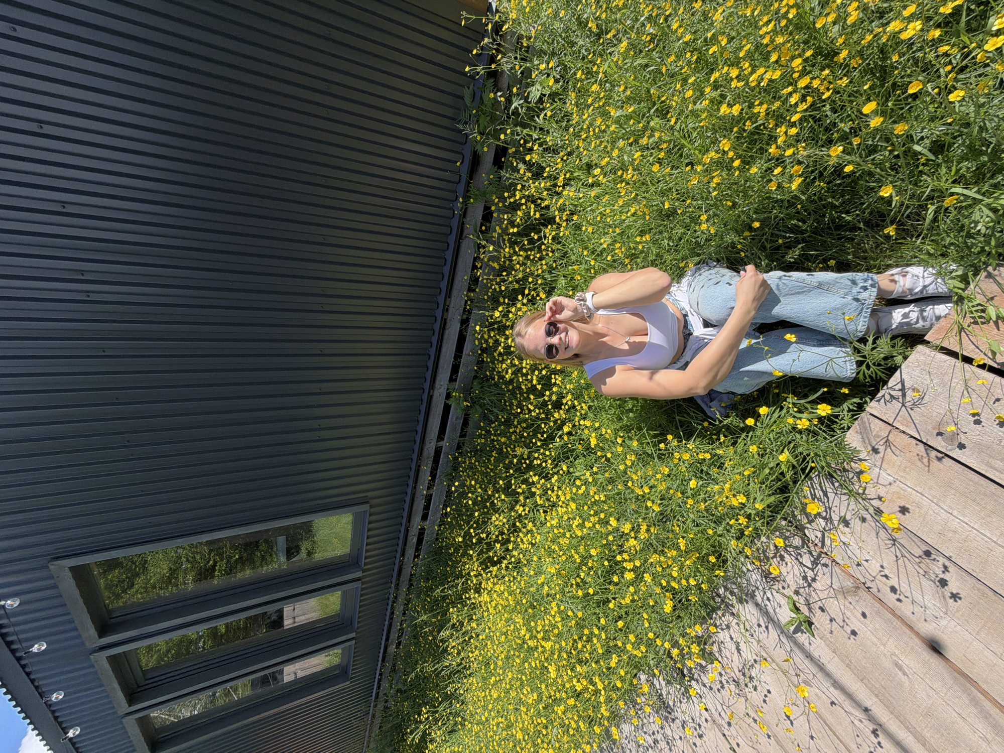 An overhead shot, rotated 90 degrees clockwise, captures a young woman relaxing outdoors amidst a vibrant field of yellow flowers in Vozhoiskii, Russia. She is lying on her back, her head positioned towards the upper right of the frame, facing the camera with a relaxed smile. Her right hand is raised, adjusting a pair of sunglasses perched on her nose.
The woman is dressed in a white sleeveless crop top, light blue jeans, and white sneakers with patterns. A watch is visible on her left wrist, and she wears a simple necklace. She appears happy and at ease in the bright sunshine.
Surrounding her is a dense expanse of small yellow flowers, likely buttercups, interspersed with green foliage. These flowers cover much of the ground, creating a cheerful, natural carpet. To the left side of the frame, a modern building with dark grey corrugated metal siding runs vertically. Several horizontal rectangular windows are visible on the building, reflecting green trees or vegetation. Along the bottom right, a wooden deck or pathway with light-colored planks contrasts with the greenery and flowers. Strong sunlight is evident, casting distinct shadows of the flowers onto the wooden surface. The scene suggests a pleasant, sunny day. No visible text is present in the image.