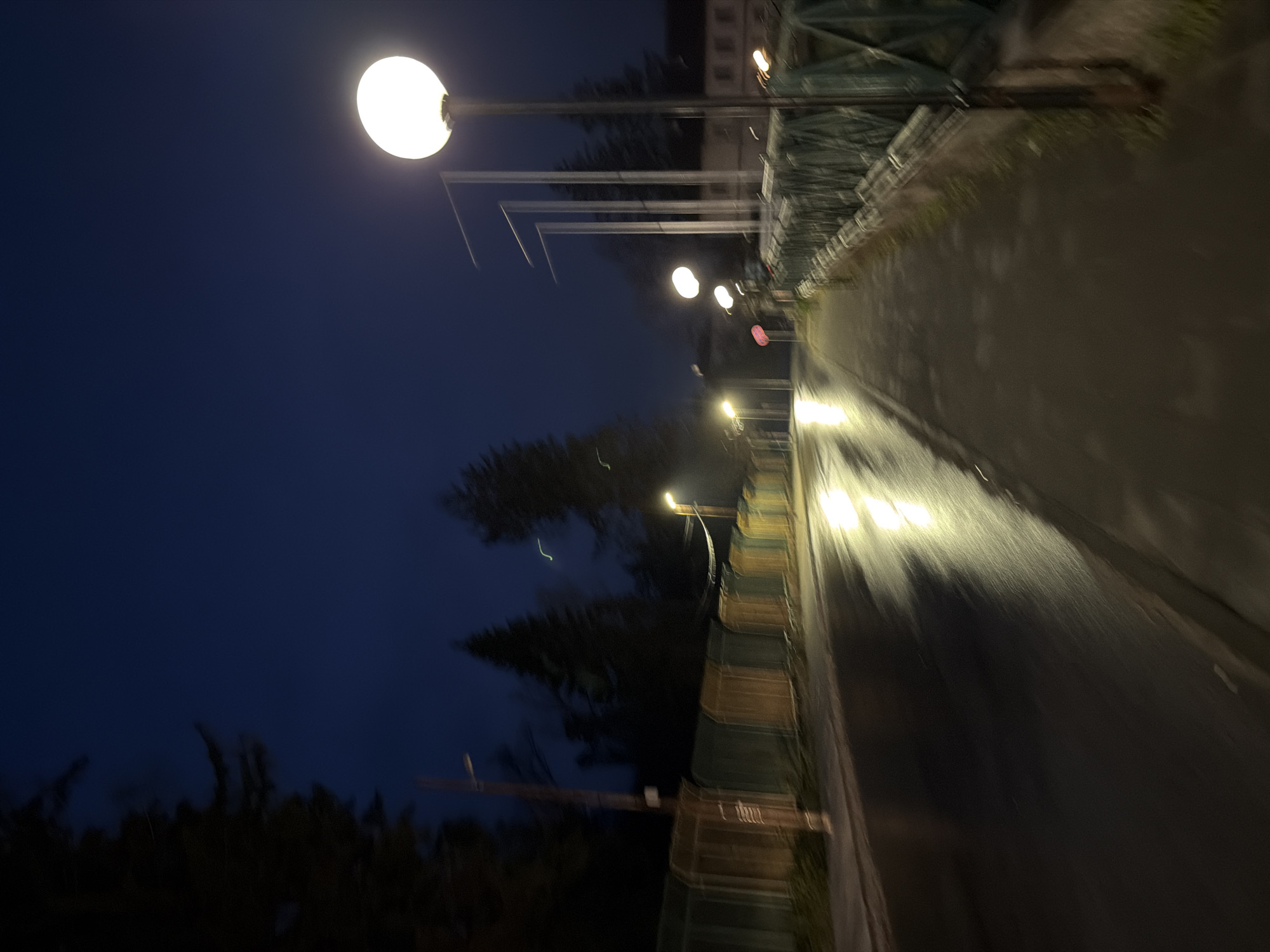 The photograph, taken at night, depicts a street scene in Panagyurishte, Bulgaria. The road surface is wet, reflecting light from multiple street lamps. The sky is dark blue, contrasting with the bright light from the lamps. The sidewalk is visible to the left side of the road. Structures on the left side of the road seem to be behind the guard rail. There are trees and greenery visible in the lower right. The image is blurred.