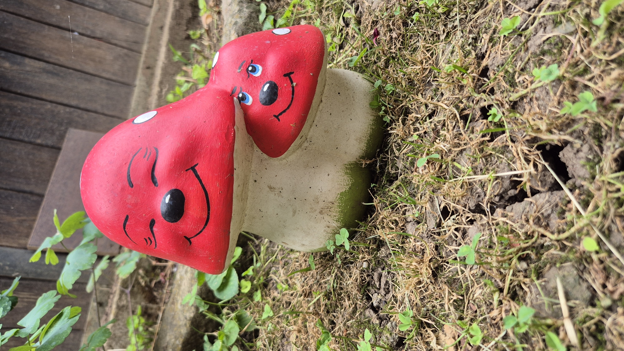 The image shows two red mushroom garden ornaments with painted faces. The larger mushroom in the foreground has its eyes closed and a smiling mouth. The smaller mushroom, placed in front of and to the right of the larger one, has its eyes open and also has a smiling mouth. Both mushrooms have white polka dots on their red caps. They are situated on the ground, which is covered with dry grass and small green plants. In the background, there is a wooden fence and some green foliage. The scene appears to be outdoors in a garden setting. There are no people or animals present in the image, and no actions or interactions are depicted. The location is specified as Doirentsi, Bulgaria.