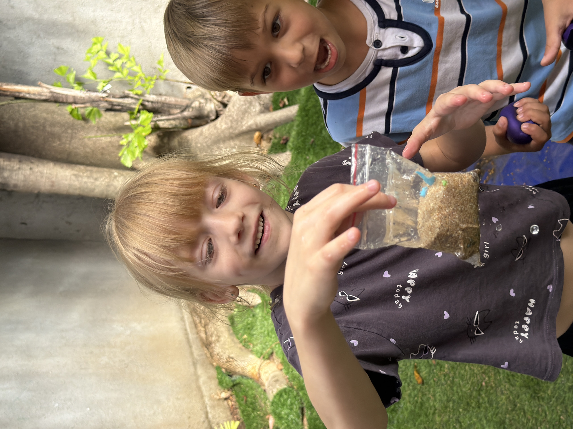 In the city of Kuta, Indonesia, two young children are engaged in an outdoor activity in a backyard setting. The child on the left, with blonde hair, is holding a clear plastic bag containing sand and small objects. This child is wearing a dark t-shirt with a pattern of hearts and cartoon cat faces. The child on the right, with brown hair, is looking at the bag and has an open mouth, appearing surprised or excited. This child is wearing a striped t-shirt with blue, white, and orange bands. The background features a large tree with exposed roots and green grass. The wall behind the children is a neutral, concrete color. The lighting suggests it is daytime.
