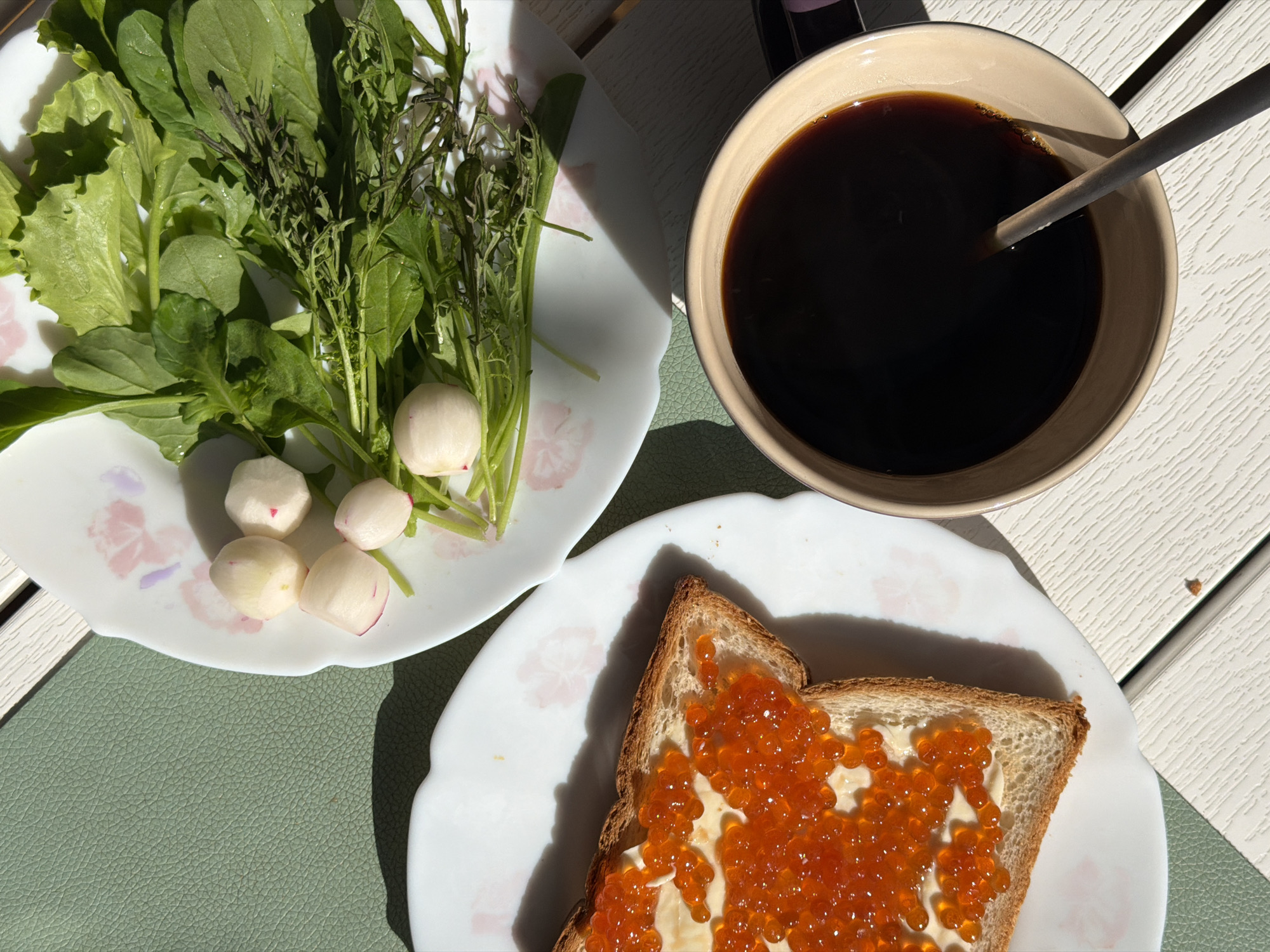 The image shows a meal on a table, likely outdoors, as evidenced by the shadows. A plate on the left contains a mix of green leafy vegetables and white radishes. A bowl filled with a dark liquid and a spoon rests in the upper right. Below the bowl is a plate with a piece of toast covered in butter and orange roe.
The location is not detectable in the image, nor is there evidence of any people.
