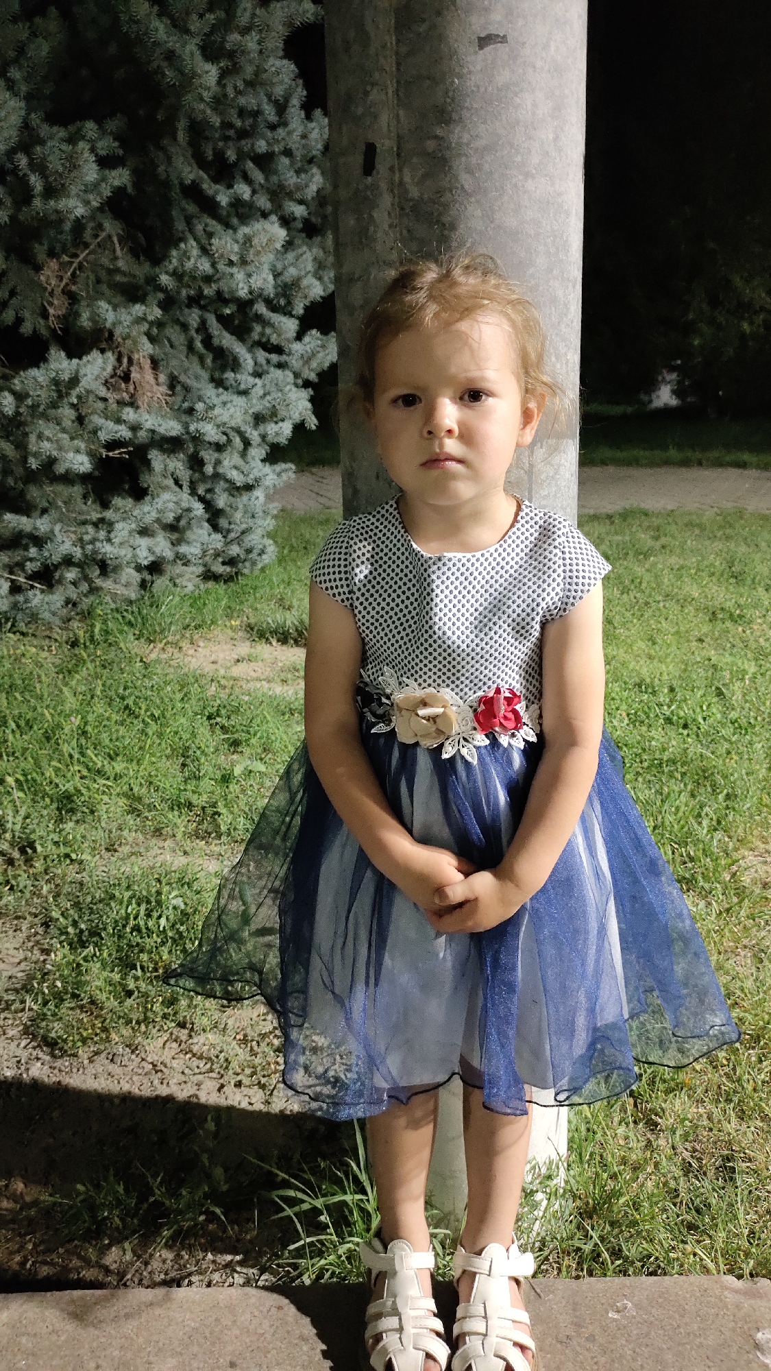 A young girl stands facing the camera, her hands clasped in front of her. She is wearing a formal dress with a white top adorned with a small dark pattern and a full blue skirt made of sheer fabric. A decorative belt with fabric flowers, in shades of beige and red, is cinched at her waist. She has light-colored hair styled loosely around her face and is wearing white sandals.
The girl is positioned in front of a light-colored utility pole, which occupies a significant portion of the right side of the frame. To the left of the pole and the girl, a large, dark green evergreen tree is visible. The background consists of green grass and some darker foliage, suggesting an outdoor setting.
The lighting indicates it is nighttime or dusk, with artificial light sources likely illuminating the scene, creating shadows on the ground. The girl's expression is somber, with her lips pursed and her gaze directed forward. The overall mood of the image is still and slightly melancholic. There is no visible text in the image.