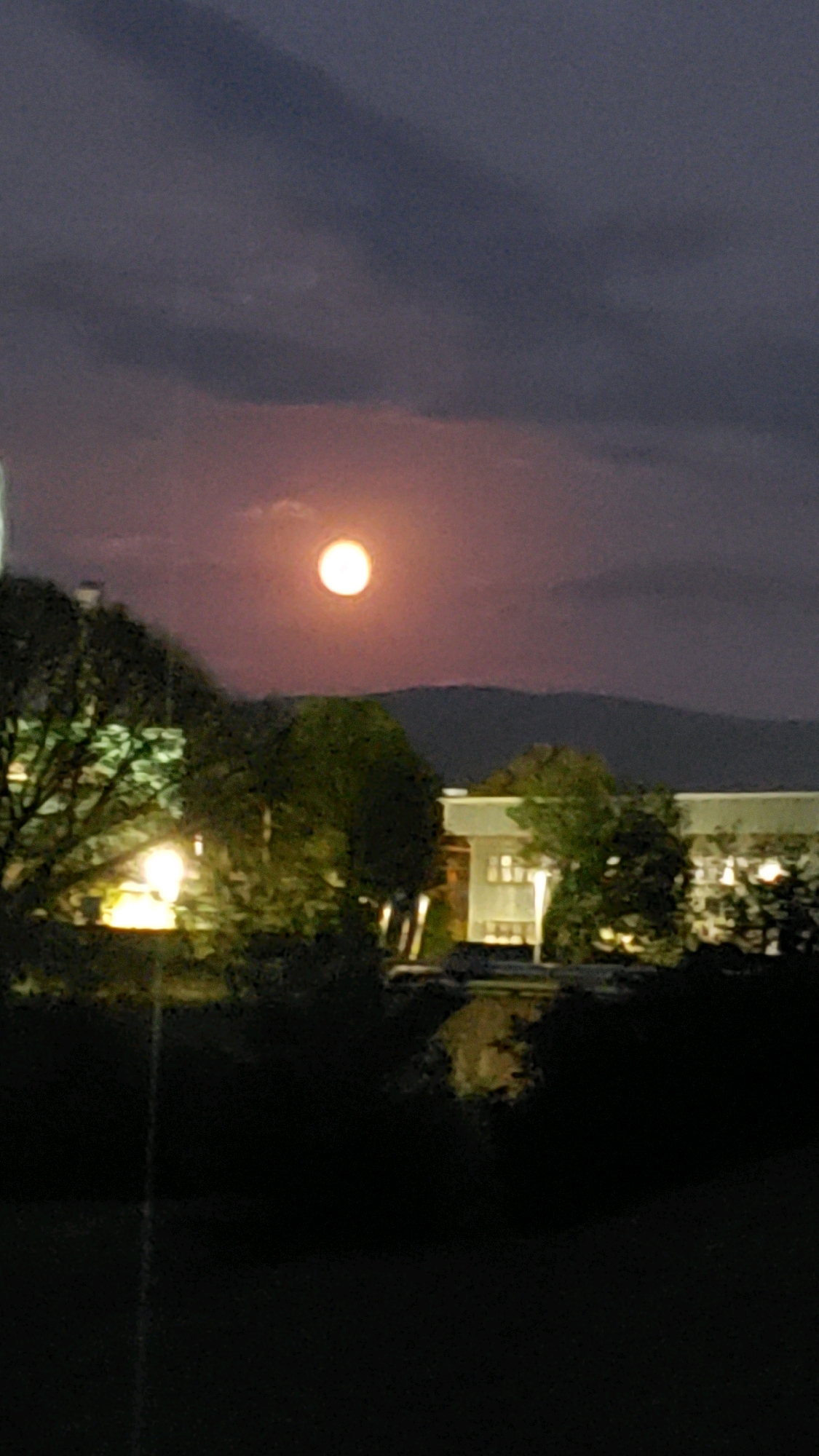 The image depicts a nighttime scene in Prešov, Slovakia, with a full moon prominently featured in a dusky, cloudy sky. In the middle ground, several trees with illuminated foliage are visible, suggesting the presence of streetlights. Behind the trees, a large building complex with illuminated windows can be seen, its architectural style indicating it could be a modern structure, possibly an educational institution or office building. The building is set against a backdrop of rolling hills or mountains, silhouetted against the twilight sky. The foreground is dominated by darkness, with some indistinct shapes that might be trees or structures. The overall atmosphere is serene and nocturnal.