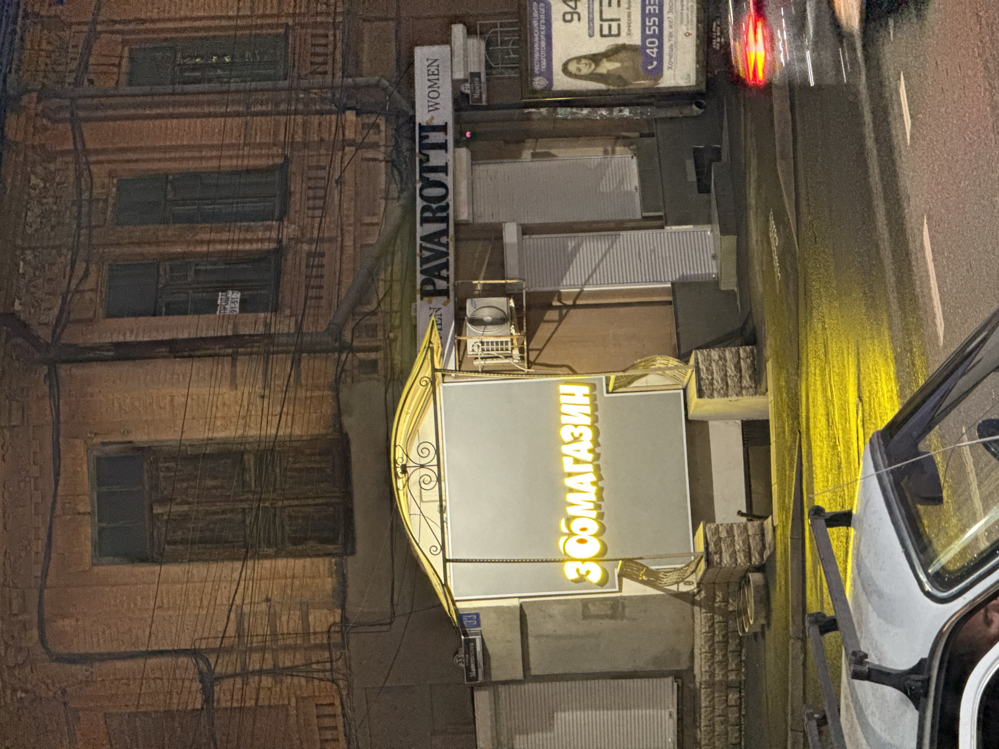 This image depicts a nighttime scene on a street in Chemul'ga, Russia. The perspective is from a vehicle looking towards a brick building with several windows. The building's facade is aged, with visible wires and some signs.
Prominently featured is a glowing yellow sign with Cyrillic text that reads "ЗООМАГАЗИН" (ZOO-MAGAZIN), indicating a pet store. Next to it, a vertical sign displays "PAVAROTTI WOMEN" in white letters on a dark background, suggesting a women's clothing store. Above these, other signs are partially visible, including one with the text "РЕСПУБЛИКАНСКИЙ ЦЕНТР ПОДГОТОВКИ К ЕГЭ" (Republican Center for Exam Preparation) and a phone number "40 55 33". A street sign with "33 Маяковского" (33 Mayakovsky) is also present.
The street itself is wet, reflecting the bright yellow and red lights from the signs and possibly from passing vehicles. The presence of a car in the foreground, with its door open, suggests someone is either exiting or entering it, or perhaps interacting with the store. The overall atmosphere is that of a typical urban street at night, with artificial lighting illuminating the storefronts and casting reflections on the wet pavement. The time of day is clearly night due to the darkness and the illuminated signs.