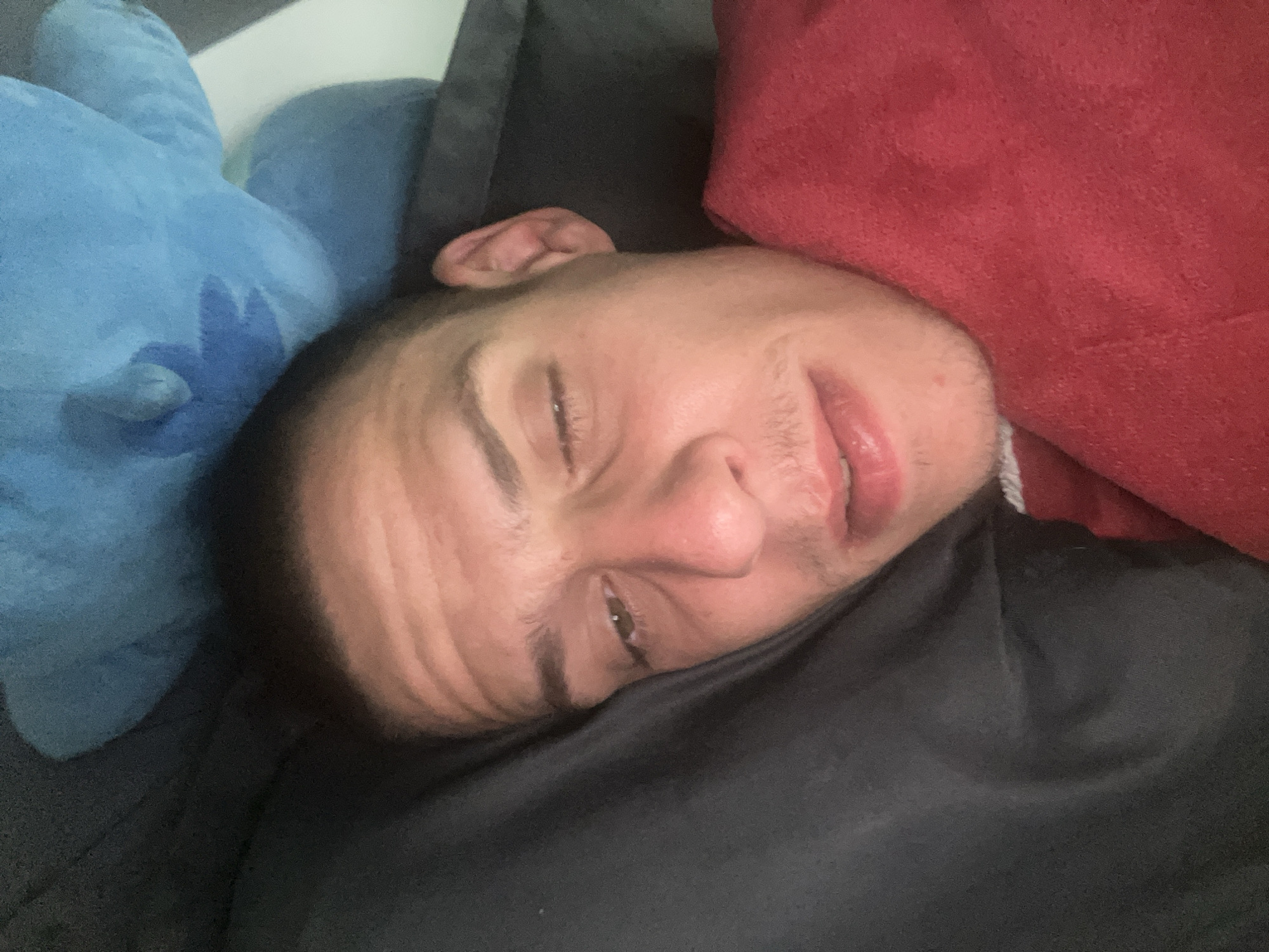 A man is depicted lying down indoors, resting on his side with his head tilted. He has short dark hair and some visible stubble on his face. His eyes are partially closed, and his mouth is slightly open, giving him a sleepy or relaxed expression. His face appears illuminated by a soft, warm light source, casting subtle shadows and highlighting some wrinkles on his forehead.
To his left, partially visible, is a light blue plush toy that resembles Stitch from Disney's Lilo & Stitch, identifiable by its ear and part of its distinct facial features. To his right and behind his head, there is a soft, textured red fabric, likely a pillow or blanket. A dark, possibly black, fabric covers the lower part of the frame and appears to be underneath or around his head and body.
The scene suggests an intimate and comfortable setting, such as a bedroom or living room. There are no specific visual cues within the image to indicate the time of day or the location as Sofia, Bulgaria. No text is visible in the image.