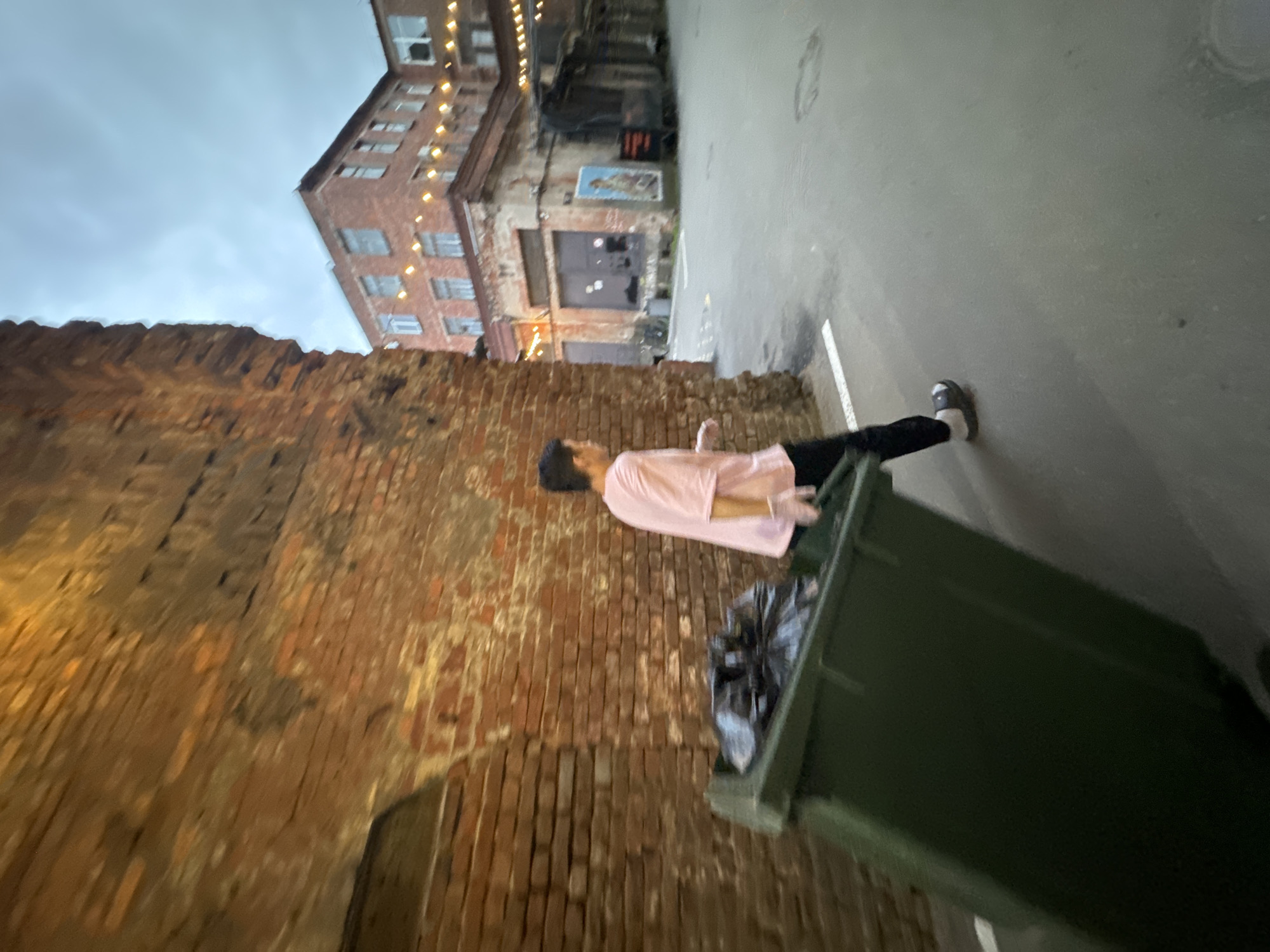 A person wearing a pink t-shirt and black pants is pushing a large green trash bin with black trash bags inside. The person is walking away from the camera on a paved surface. To the left, there is a textured brick wall. In the background, there are brick buildings with visible windows and strings of lights. The sky is overcast and gray. This scene appears to be in an urban industrial or historical district of Saint Petersburg, Russia, possibly in an area like the Sevkabel Port or similar refurbished industrial spaces known for their brick architecture and courtyards.